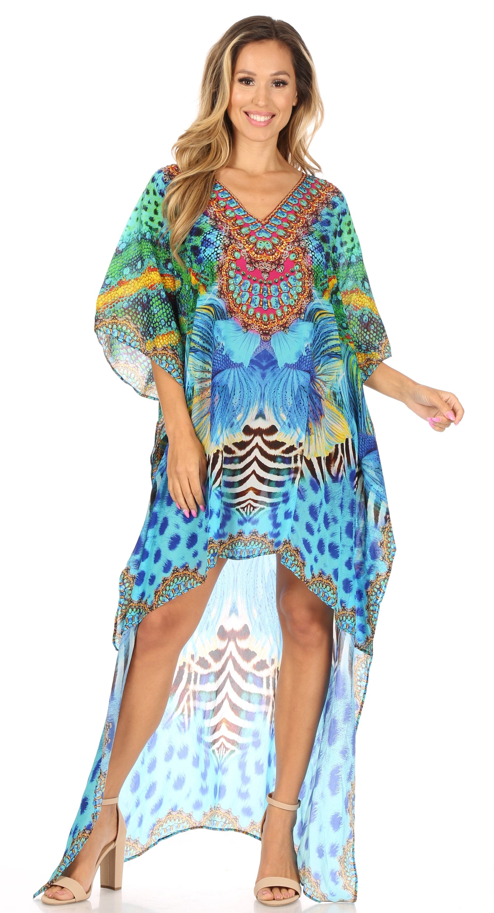 Vestido Sakkas Laisson Flowy Hi-Lo Caftán con diamantes de imitación, cuello en V, corte cuadrado, para cubrir la parte superior