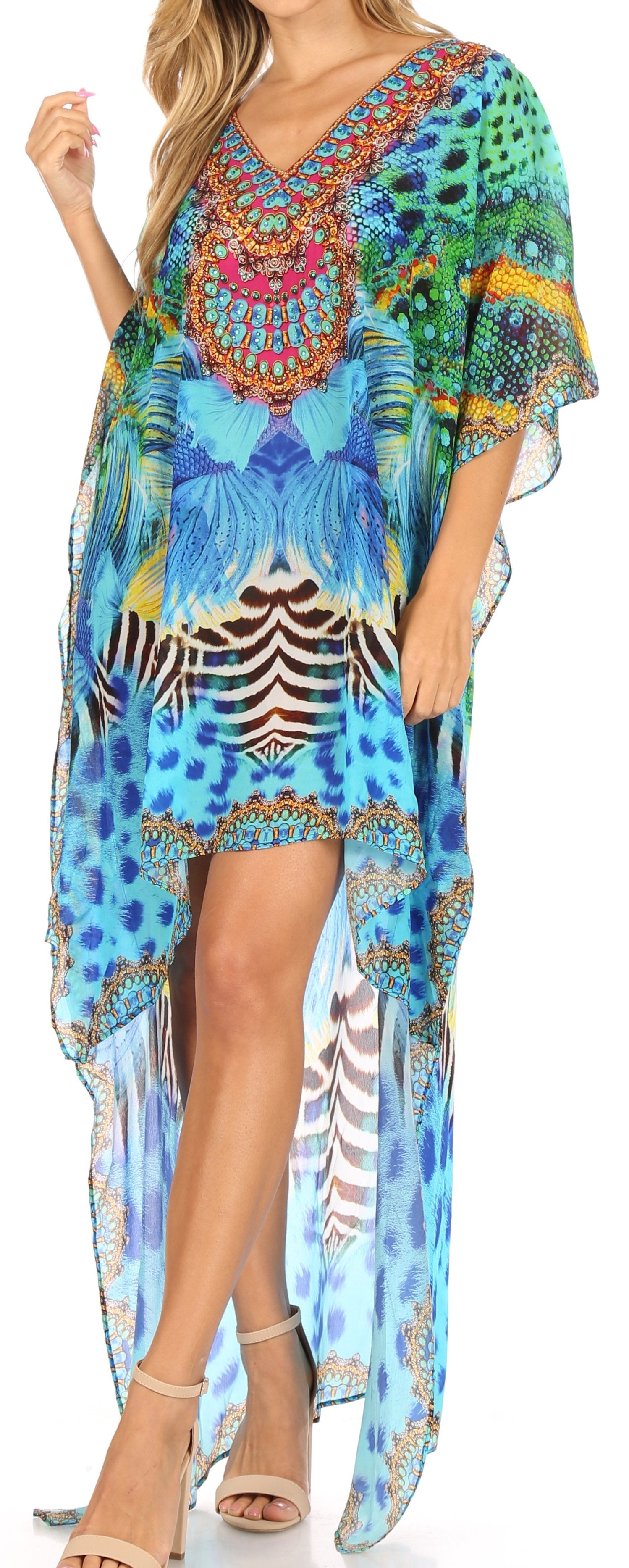 Vestido Sakkas Laisson Flowy Hi-Lo Caftán con diamantes de imitación, cuello en V, corte cuadrado, para cubrir la parte superior
