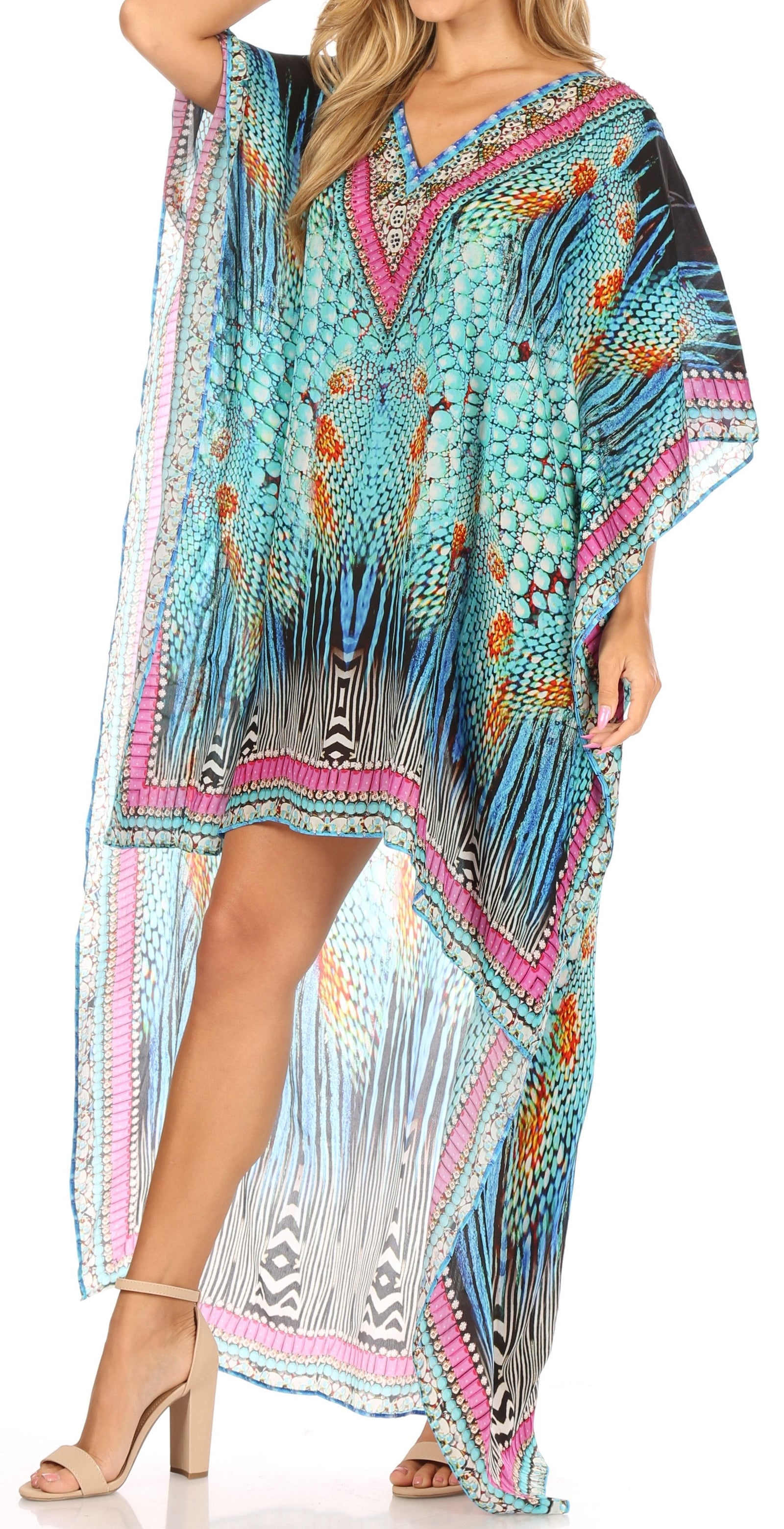 Vestido Sakkas Laisson Flowy Hi-Lo Caftán con diamantes de imitación, cuello en V, corte cuadrado, para cubrir la parte superior