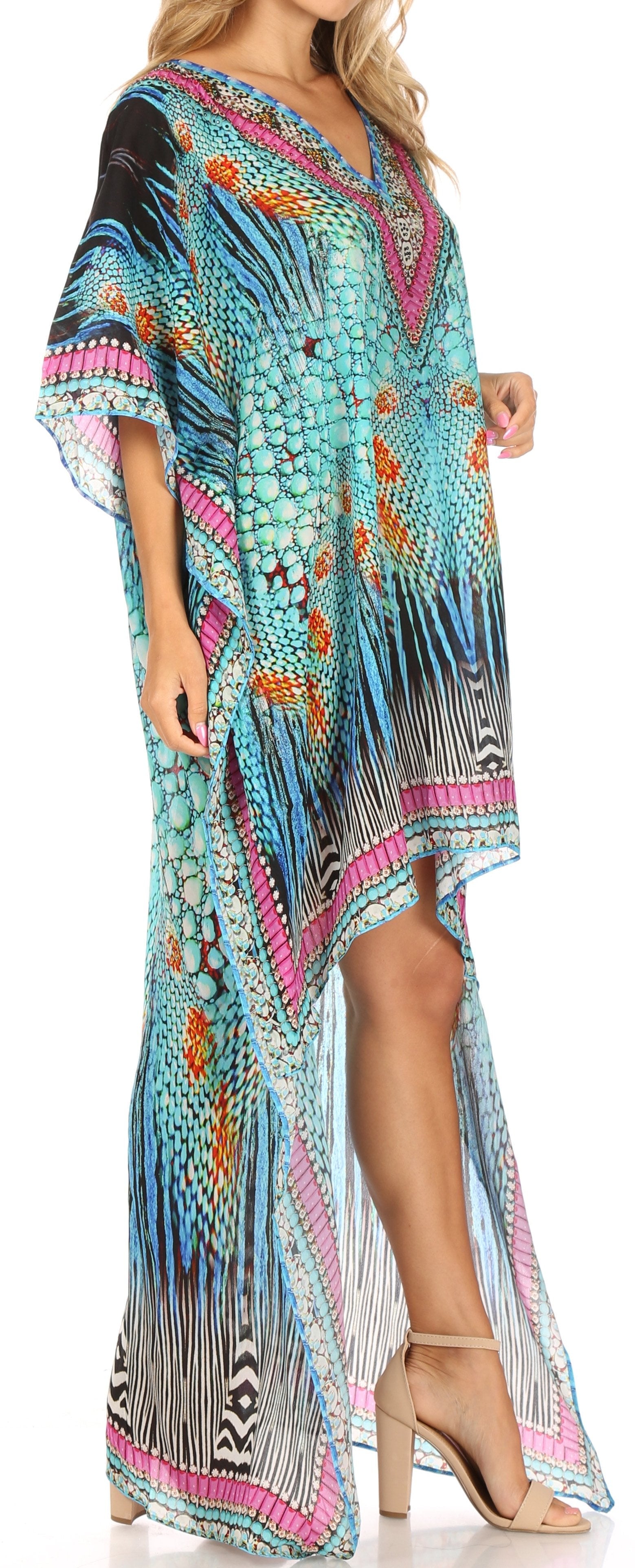 Vestido Sakkas Laisson Flowy Hi-Lo Caftán con diamantes de imitación, cuello en V, corte cuadrado, para cubrir la parte superior