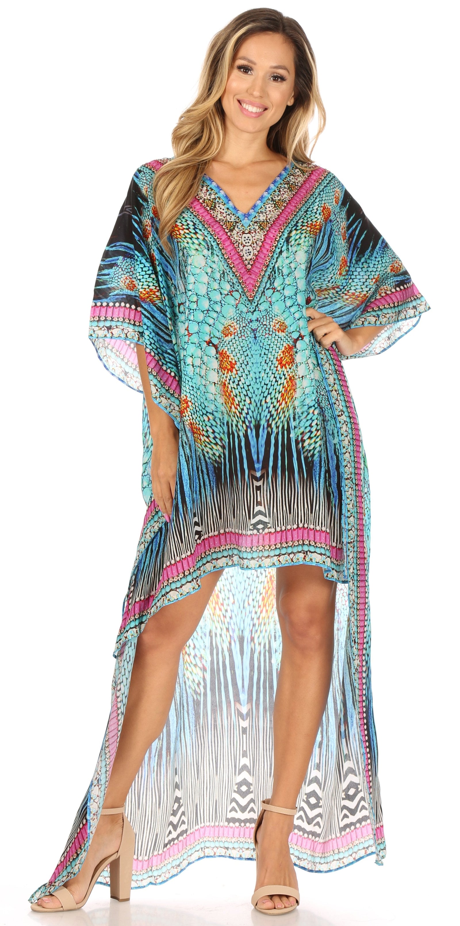 Vestido Sakkas Laisson Flowy Hi-Lo Caftán con diamantes de imitación, cuello en V, corte cuadrado, para cubrir la parte superior