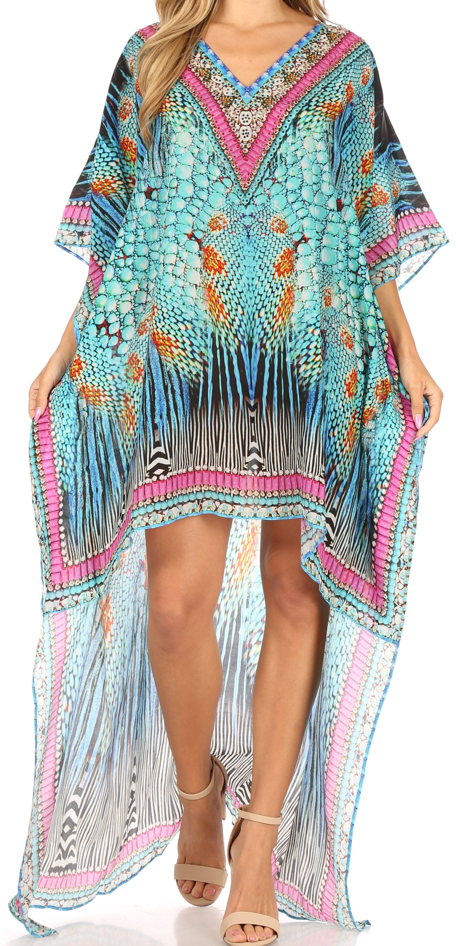 Vestido Sakkas Laisson Flowy Hi-Lo Caftán con diamantes de imitación, cuello en V, corte cuadrado, para cubrir la parte superior