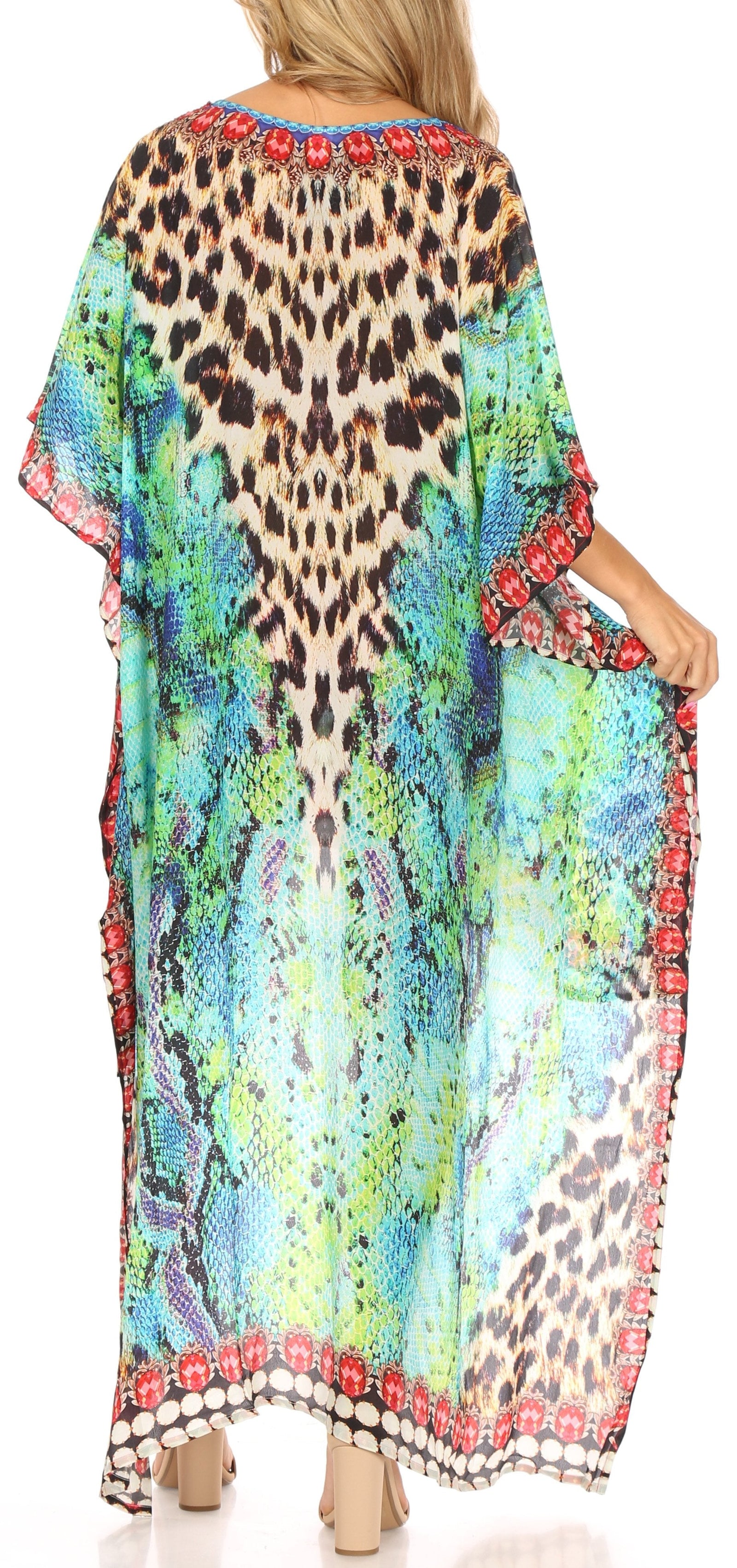 Vestido Sakkas Laisson Flowy Hi-Lo Caftán con diamantes de imitación, cuello en V, corte cuadrado, para cubrir la parte superior