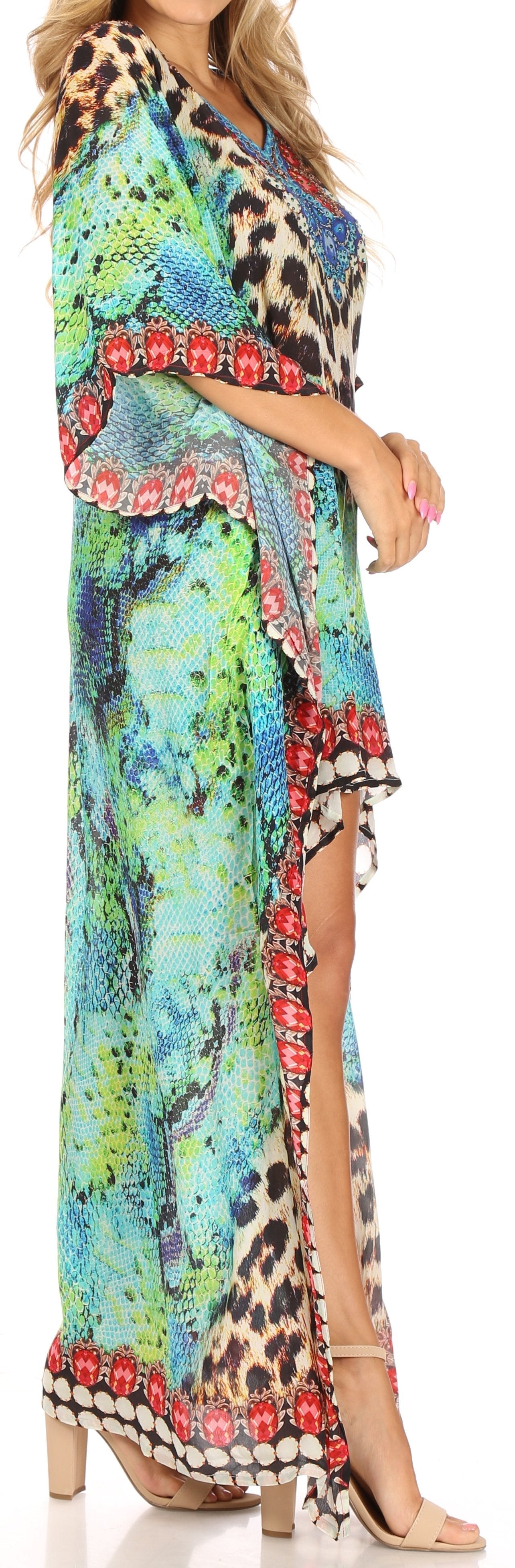 Vestido Sakkas Laisson Flowy Hi-Lo Caftán con diamantes de imitación, cuello en V, corte cuadrado, para cubrir la parte superior