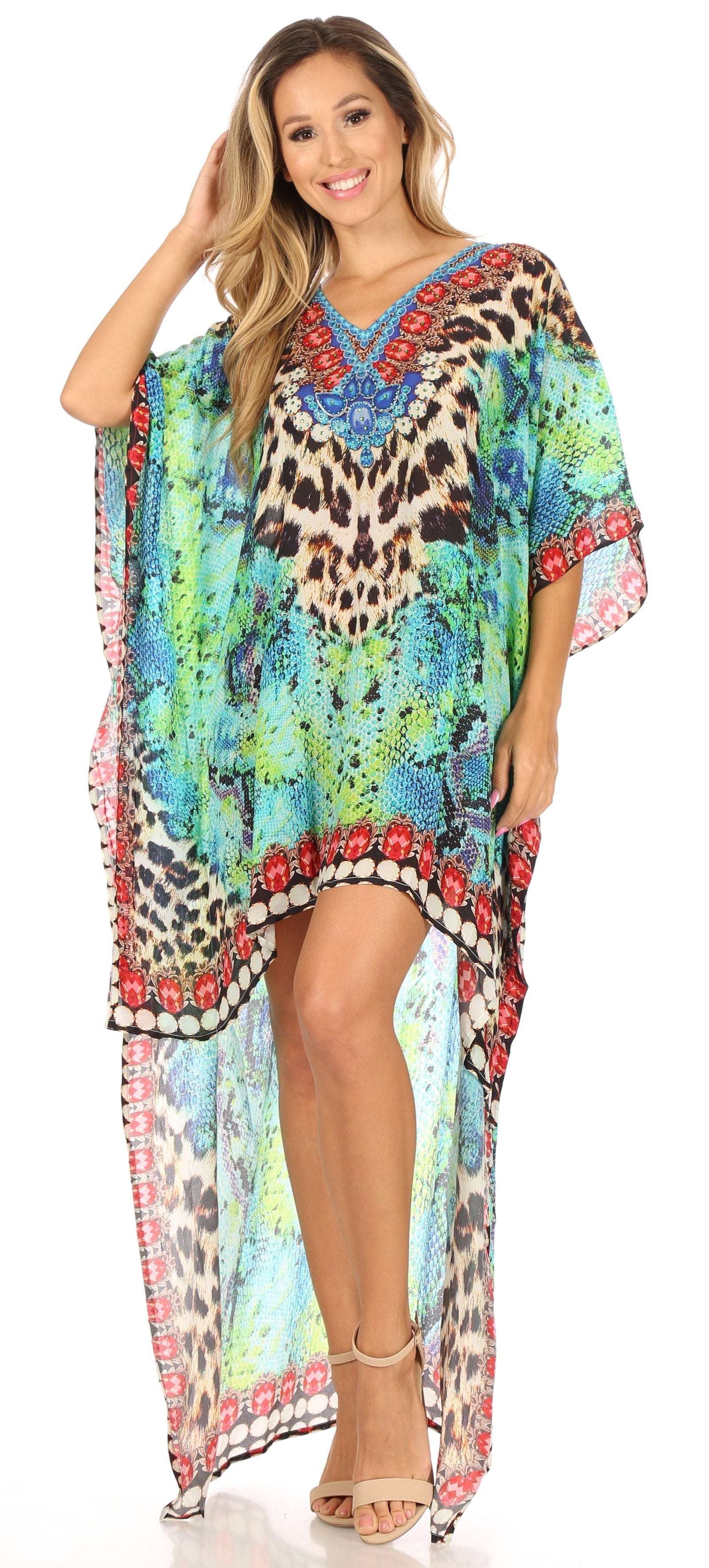 Vestido Sakkas Laisson Flowy Hi-Lo Caftán con diamantes de imitación, cuello en V, corte cuadrado, para cubrir la parte superior