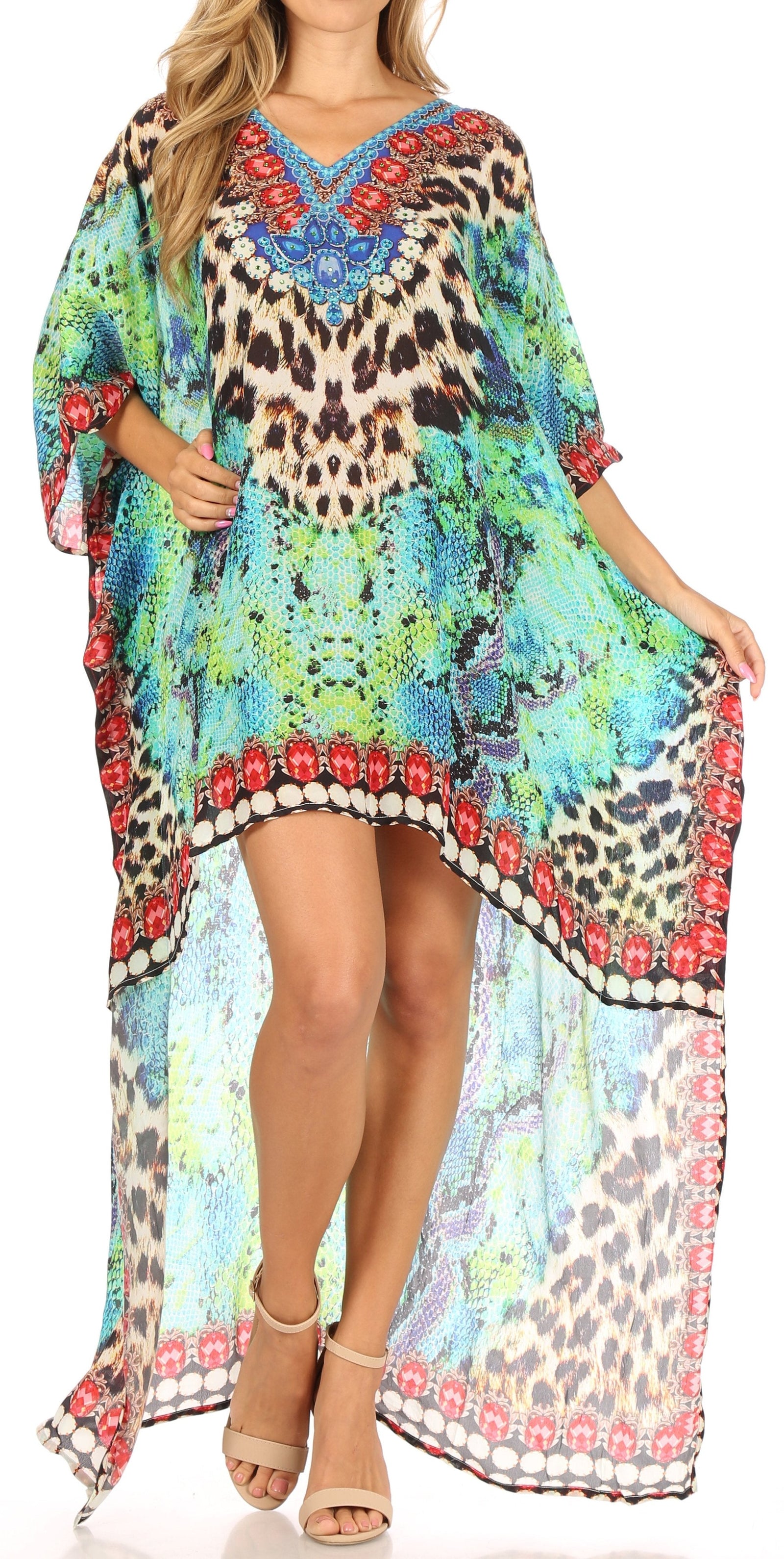 Vestido Sakkas Laisson Flowy Hi-Lo Caftán con diamantes de imitación, cuello en V, corte cuadrado, para cubrir la parte superior