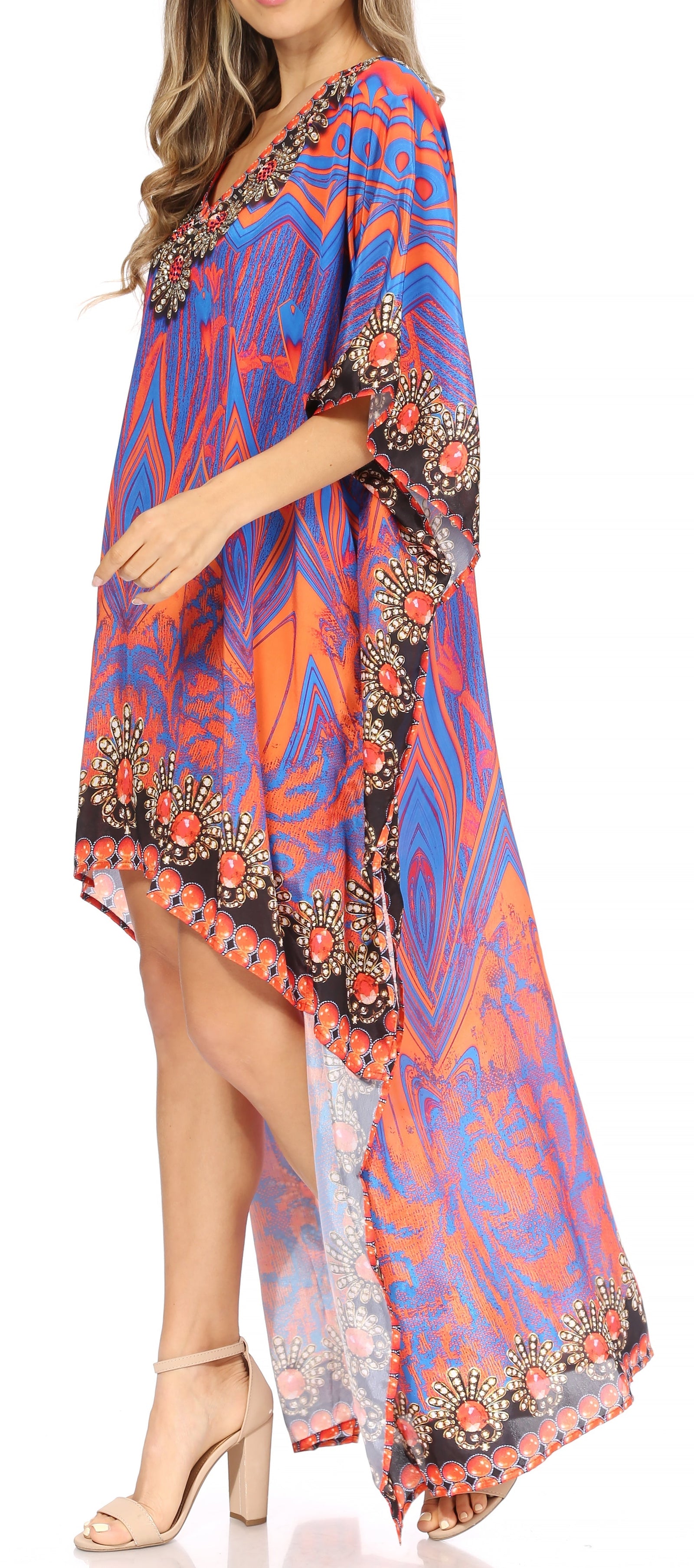 Vestido Sakkas Laisson Flowy Hi-Lo Caftán con diamantes de imitación, cuello en V, corte cuadrado, para cubrir la parte superior