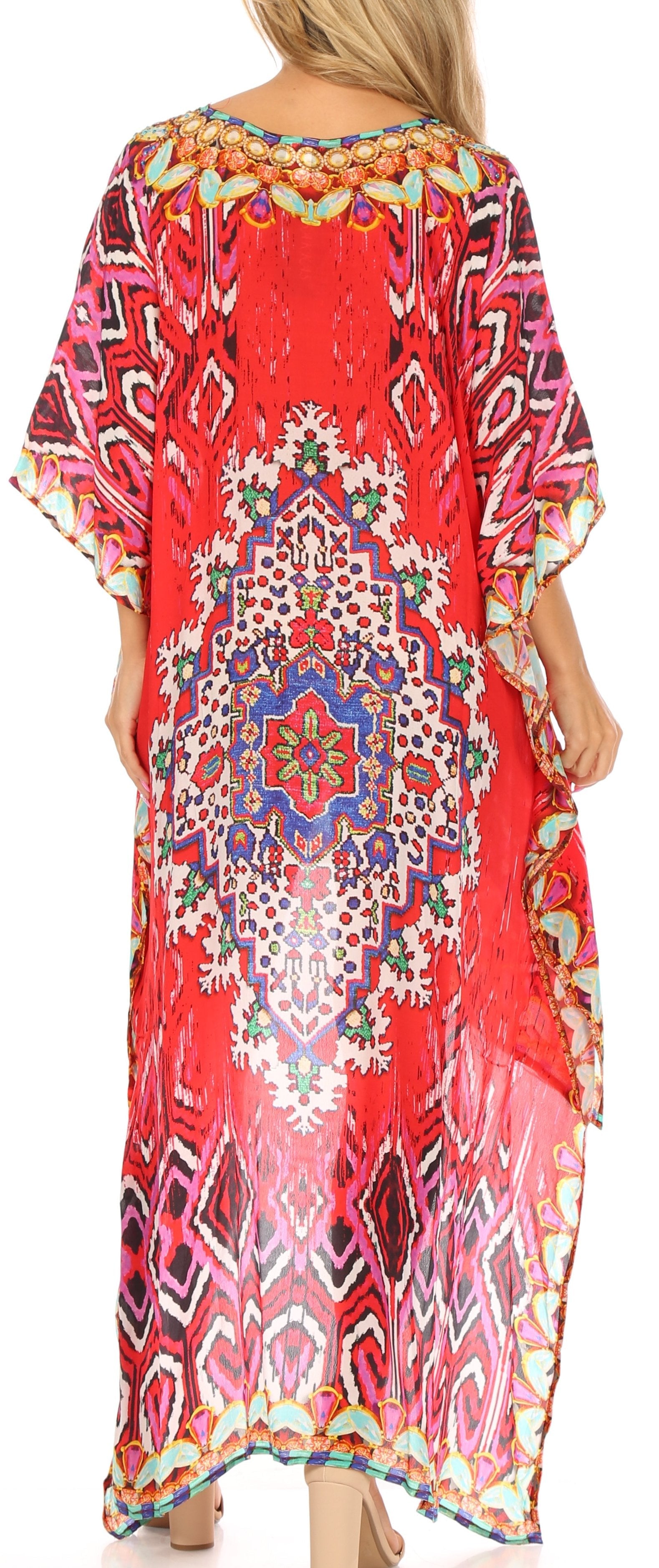 Vestido Sakkas Laisson Flowy Hi-Lo Caftán con diamantes de imitación, cuello en V, corte cuadrado, para cubrir la parte superior
