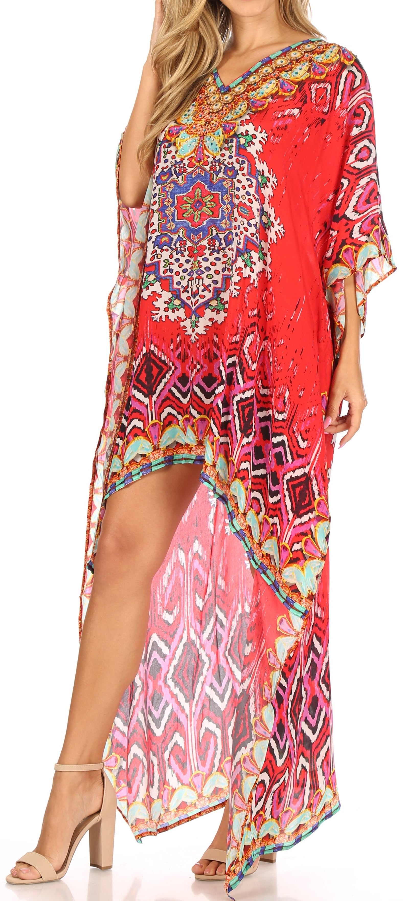 Vestido Sakkas Laisson Flowy Hi-Lo Caftán con diamantes de imitación, cuello en V, corte cuadrado, para cubrir la parte superior