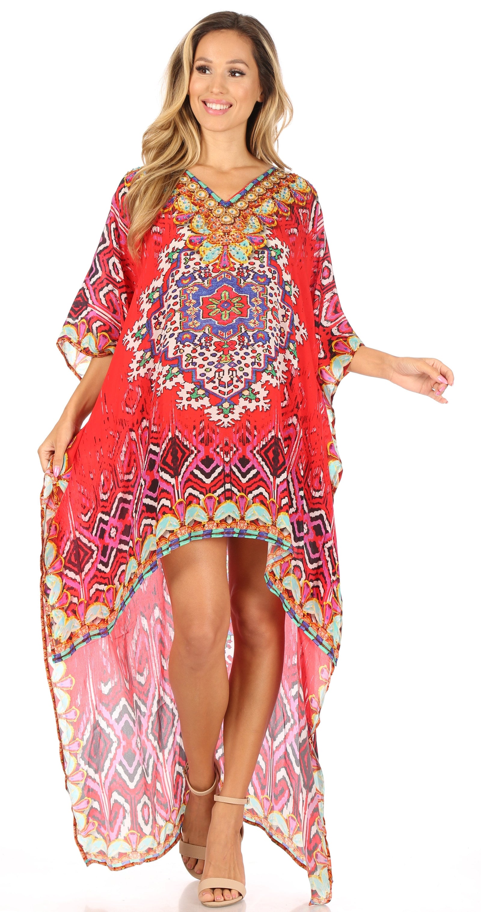 Vestido Sakkas Laisson Flowy Hi-Lo Caftán con diamantes de imitación, cuello en V, corte cuadrado, para cubrir la parte superior