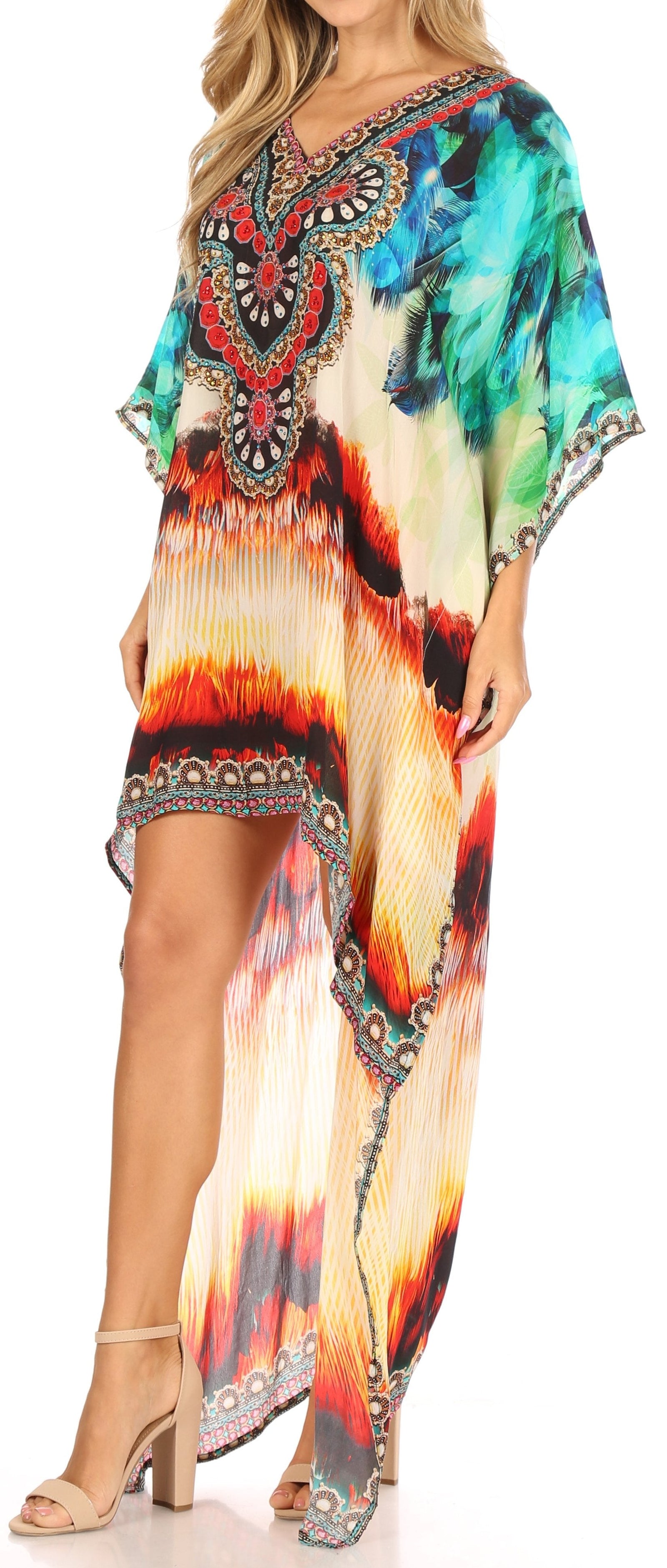 Vestido Sakkas Laisson Flowy Hi-Lo Caftán con diamantes de imitación, cuello en V, corte cuadrado, para cubrir la parte superior