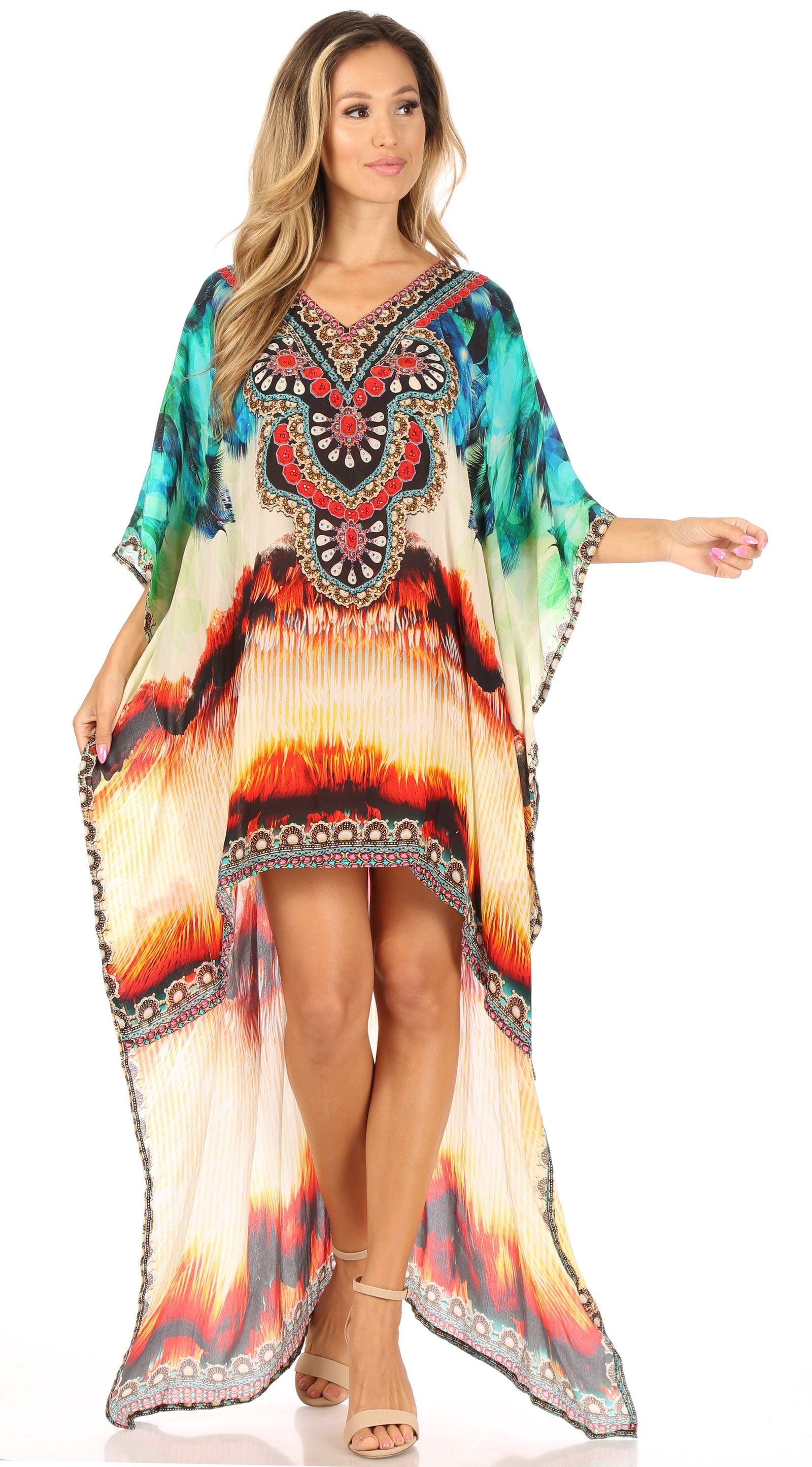 Vestido Sakkas Laisson Flowy Hi-Lo Caftán con diamantes de imitación, cuello en V, corte cuadrado, para cubrir la parte superior