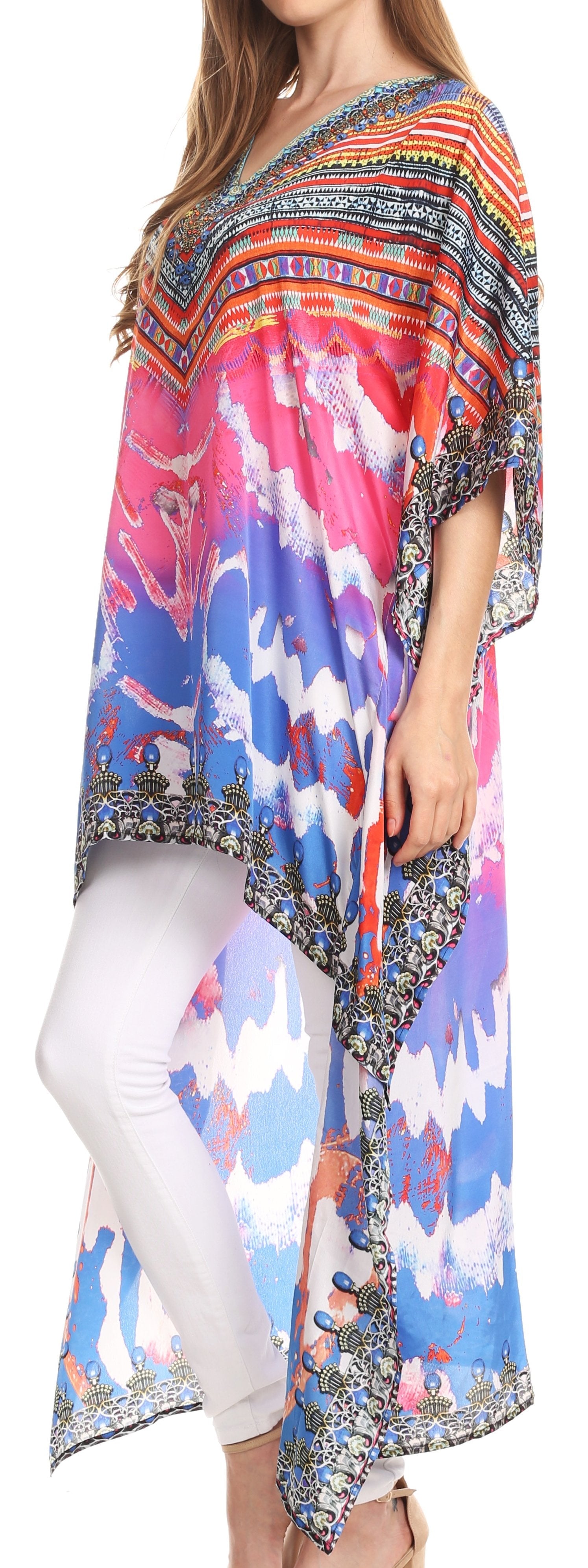 Vestido Sakkas Laisson Flowy Hi-Lo Caftán con diamantes de imitación, cuello en V, corte cuadrado, para cubrir la parte superior