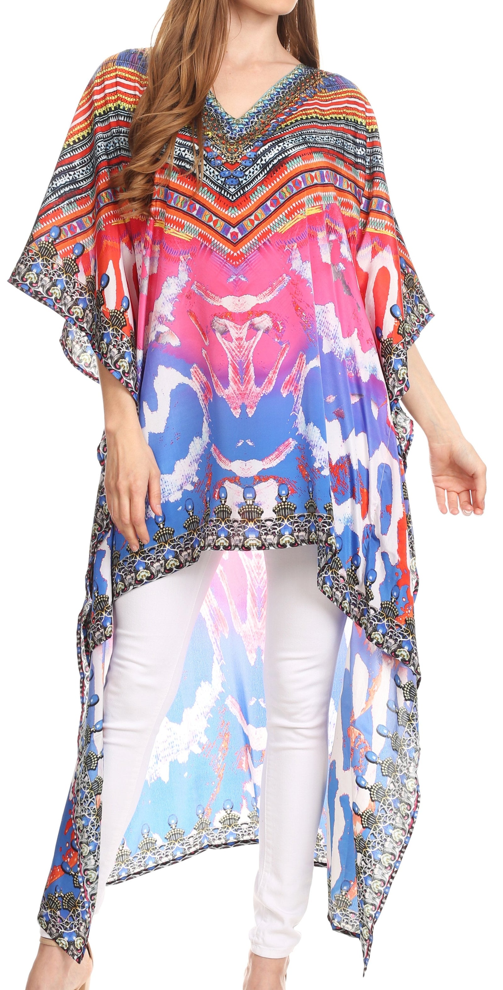 Vestido Sakkas Laisson Flowy Hi-Lo Caftán con diamantes de imitación, cuello en V, corte cuadrado, para cubrir la parte superior