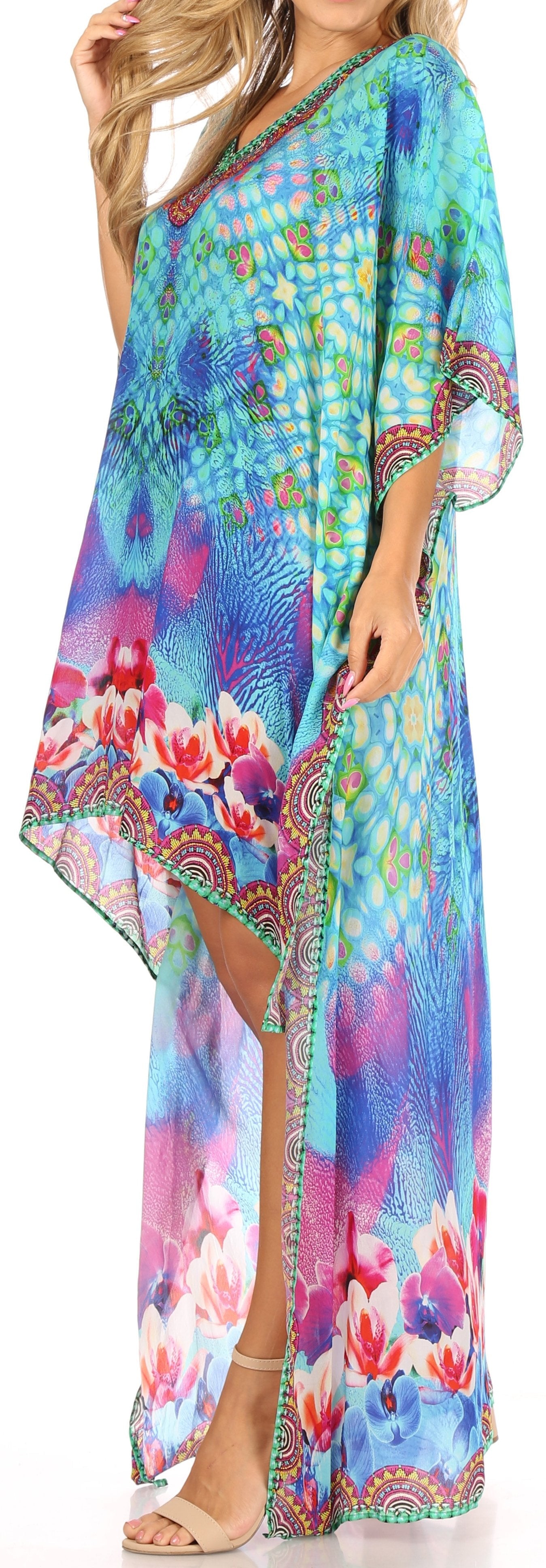 Vestido Sakkas Laisson Flowy Hi-Lo Caftán con diamantes de imitación, cuello en V, corte cuadrado, para cubrir la parte superior