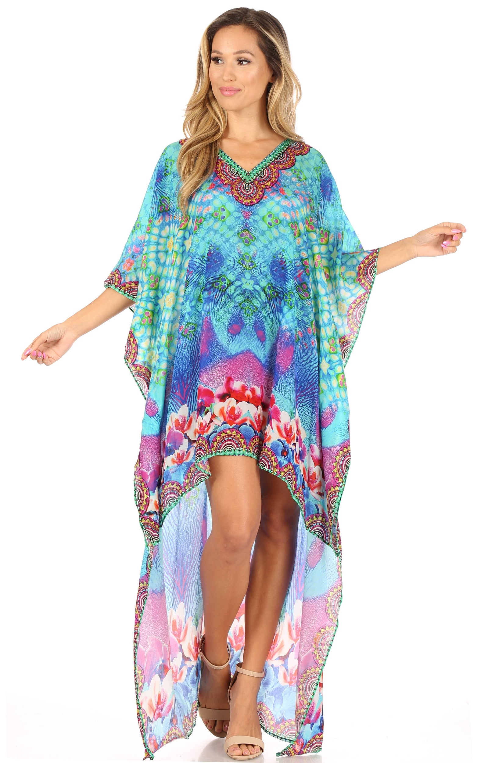 Vestido Sakkas Laisson Flowy Hi-Lo Caftán con diamantes de imitación, cuello en V, corte cuadrado, para cubrir la parte superior