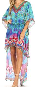 Vestido Sakkas Laisson Flowy Hi-Lo Caftán con diamantes de imitación, cuello en V, corte cuadrado, para cubrir la parte superior