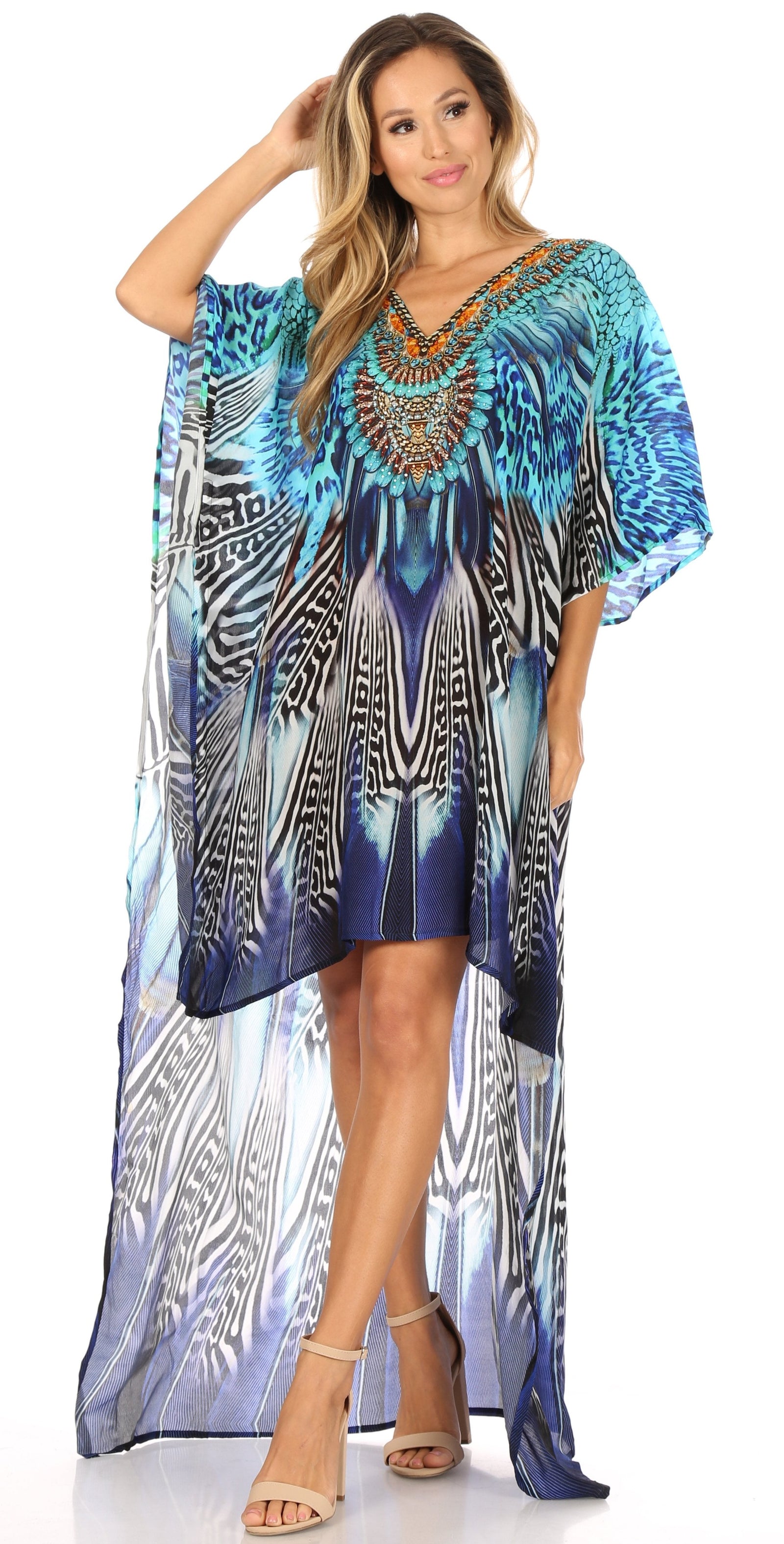 Vestido Sakkas Laisson Flowy Hi-Lo Caftán con diamantes de imitación, cuello en V, corte cuadrado, para cubrir la parte superior
