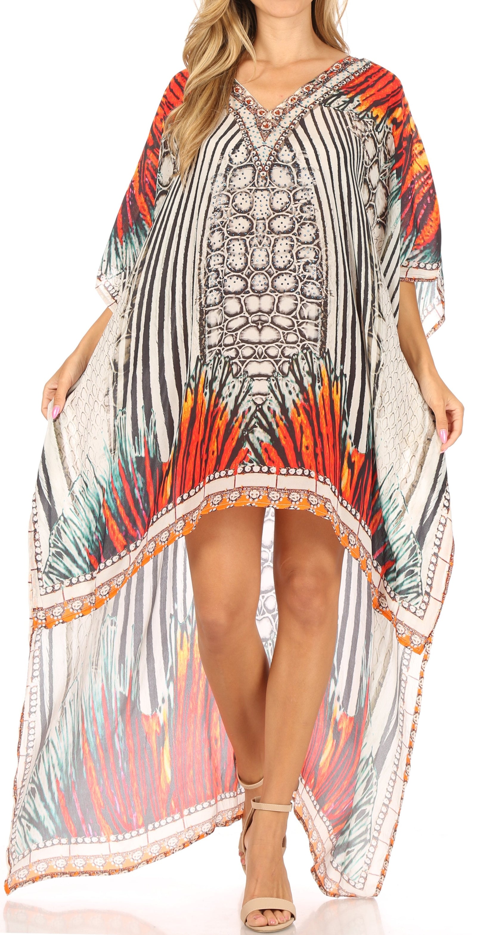 Vestido Sakkas Laisson Flowy Hi-Lo Caftán con diamantes de imitación, cuello en V, corte cuadrado, para cubrir la parte superior