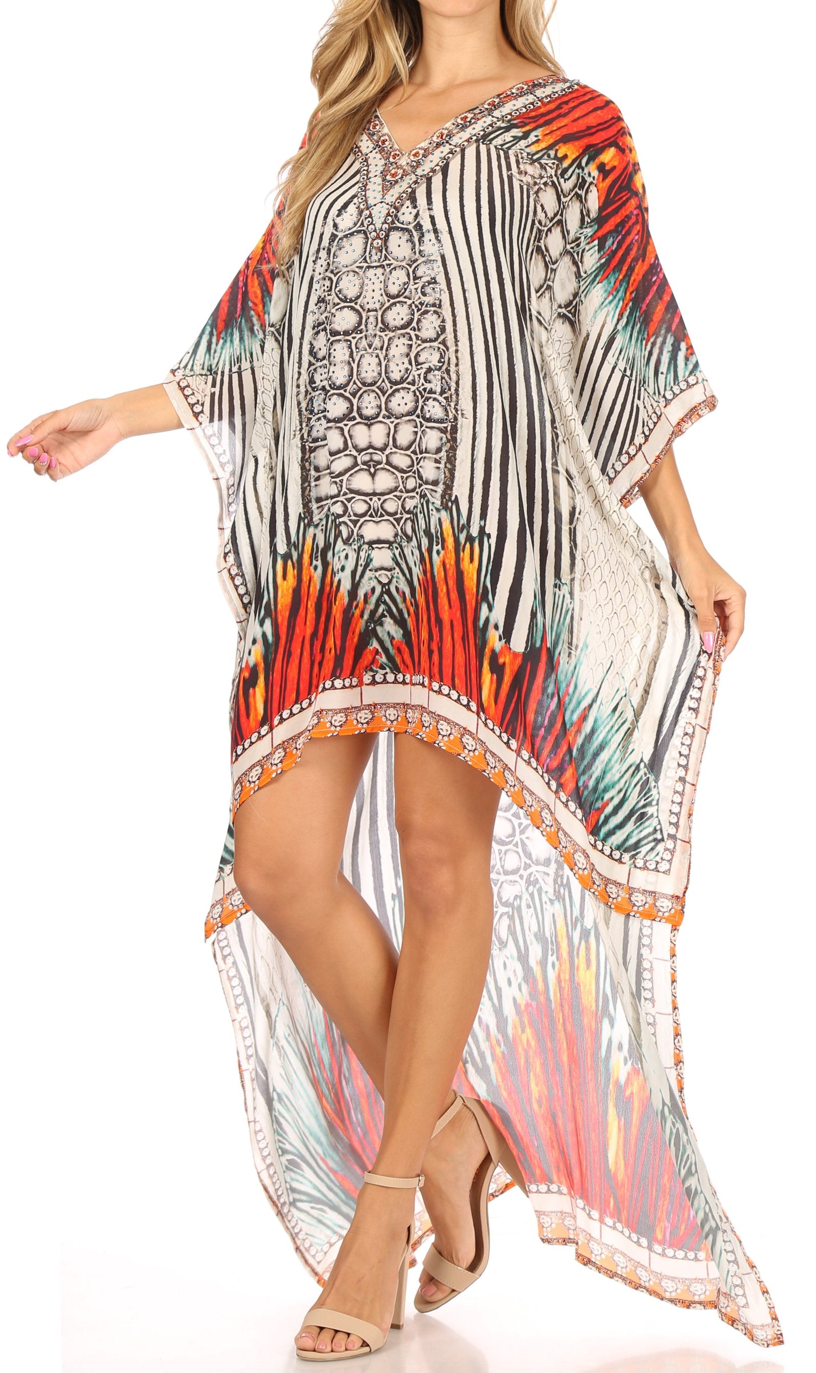 Vestido Sakkas Laisson Flowy Hi-Lo Caftán con diamantes de imitación, cuello en V, corte cuadrado, para cubrir la parte superior