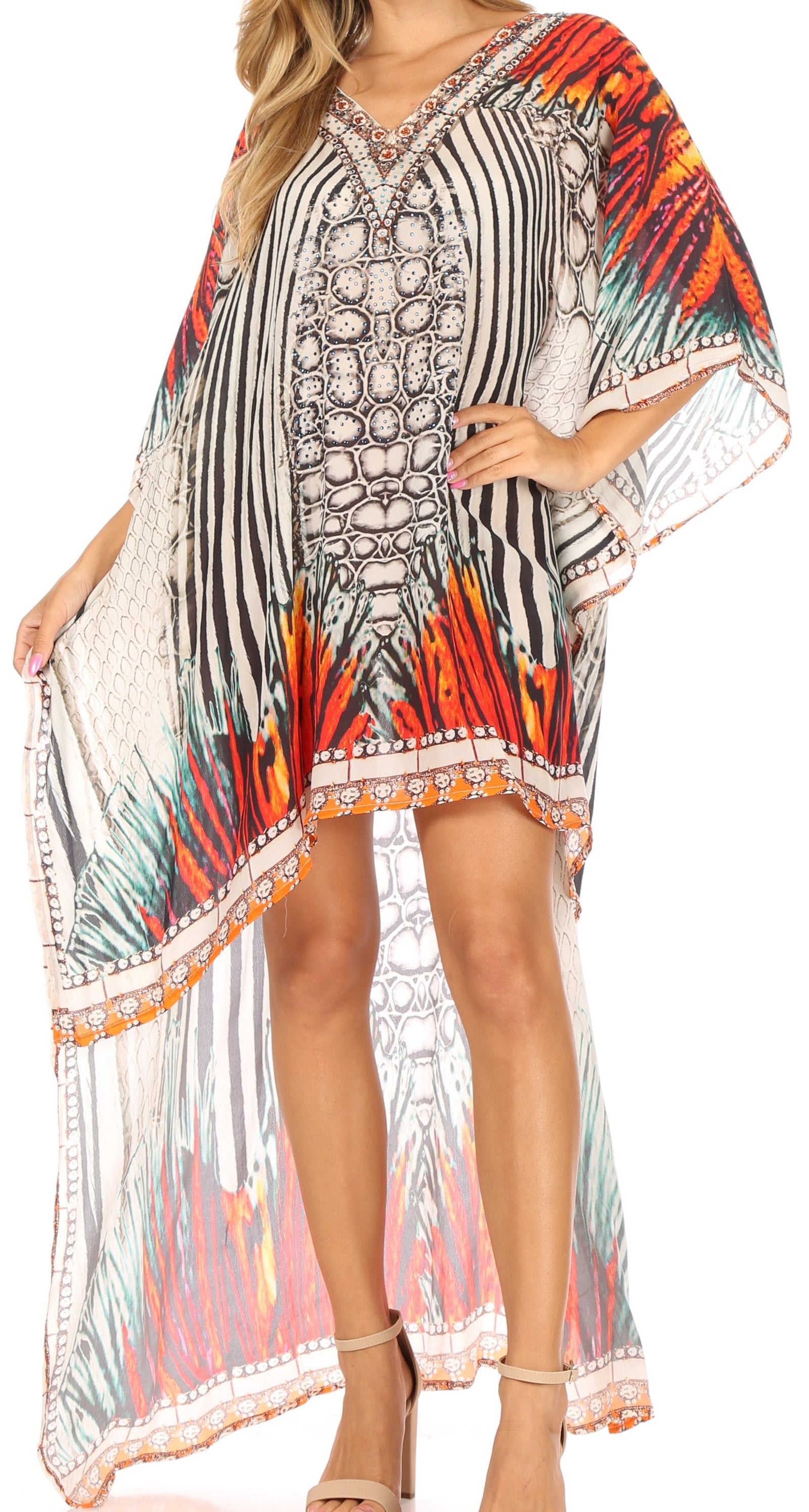 Vestido Sakkas Laisson Flowy Hi-Lo Caftán con diamantes de imitación, cuello en V, corte cuadrado, para cubrir la parte superior