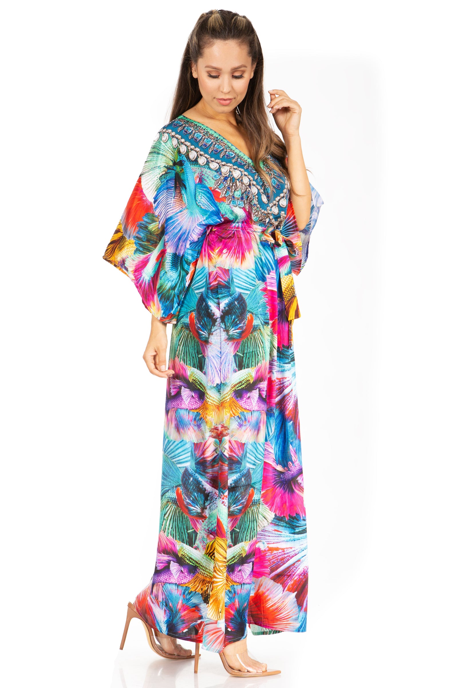 Vestido caftán maxi Maribel de Sakkas - Cuello en V y mangas cortas para mujer