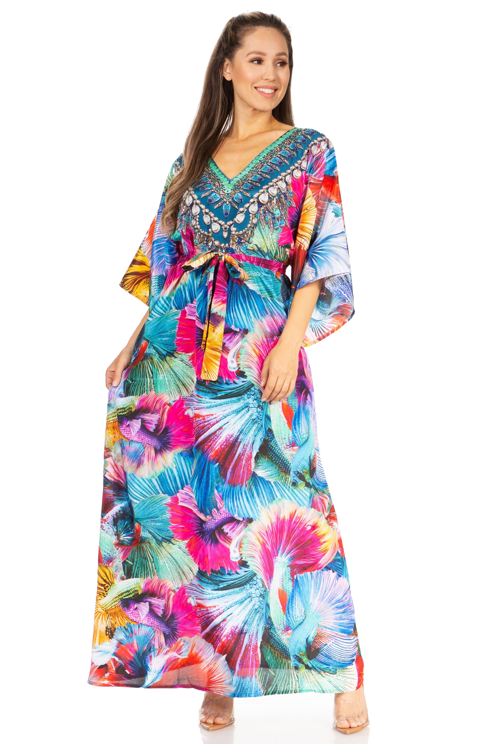 Vestido caftán maxi Maribel de Sakkas - Cuello en V y mangas cortas para mujer