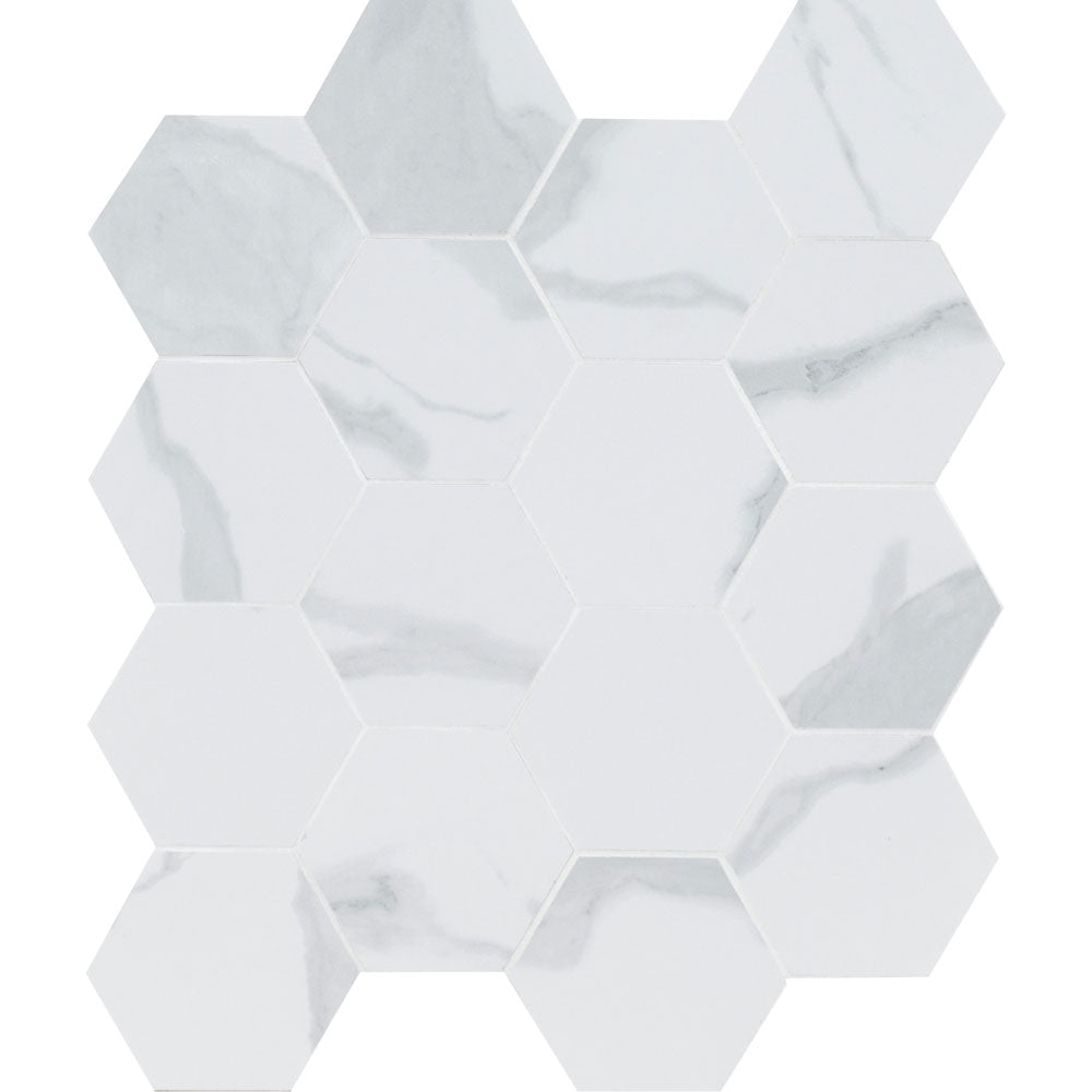 Mosaico de porcelana mate Eden Statuary de 30,5 x 30,5 cm y 5 cm con hexágono interior, montado en malla - Colección MSI