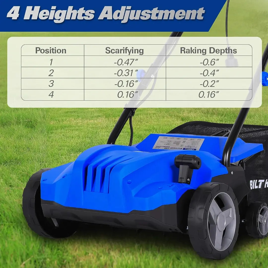 BILT HARD 12 Amp Electric Dethatcher & Scarifier: 13" Width, 8-Gallon Bag, 2-in-1 Walk-Behind Lawn Tool