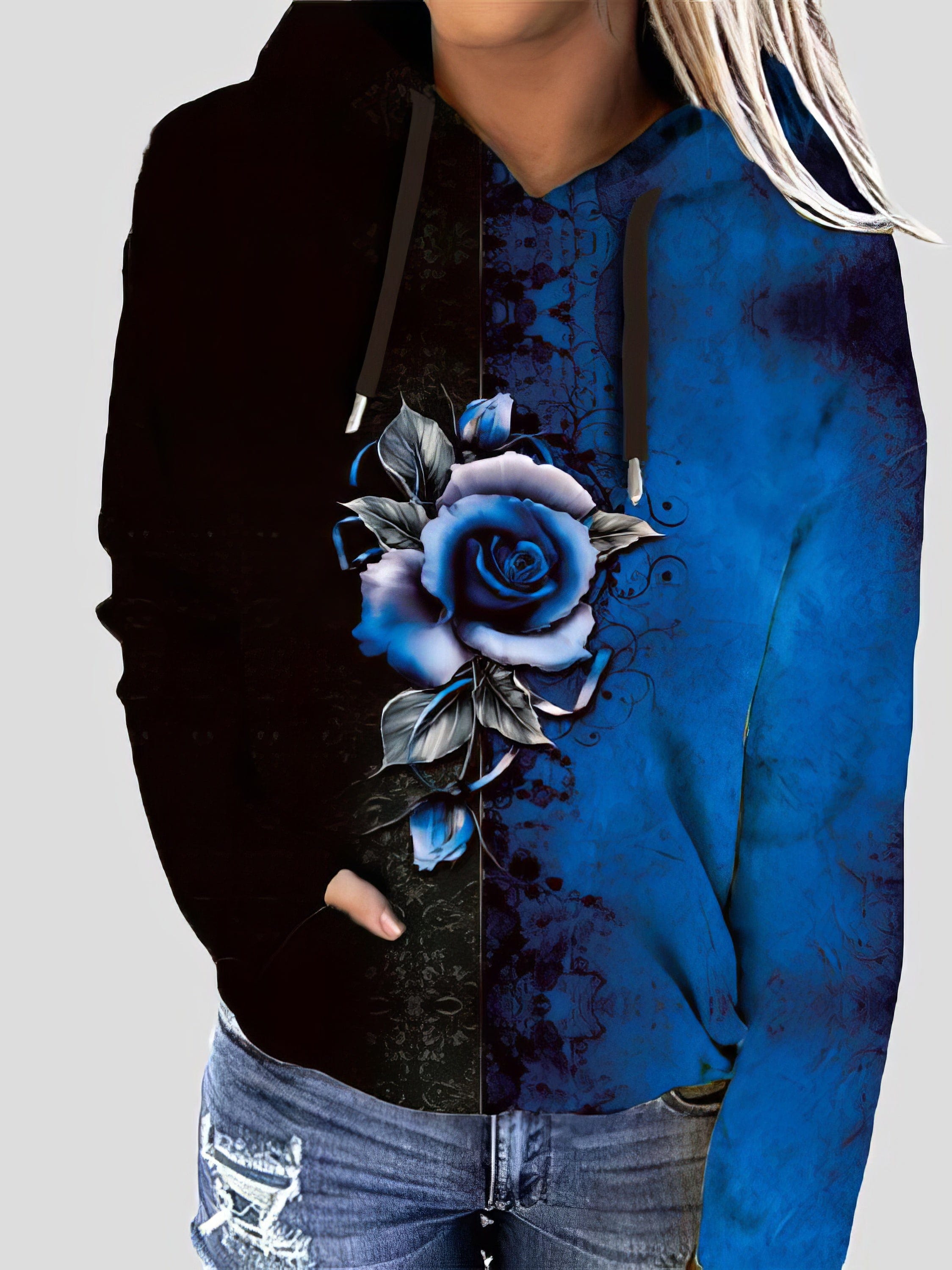 Elegant Rose Print Dual-Tone Hoodie with Long Sleeves