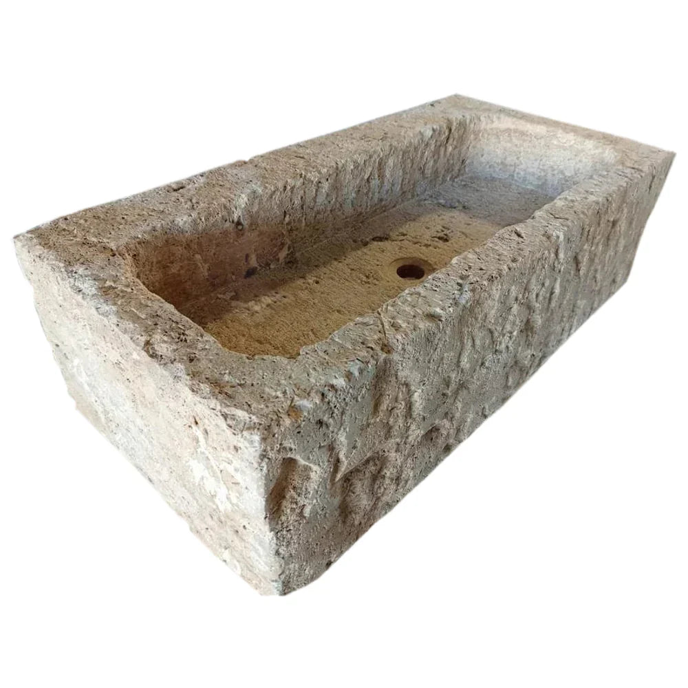 Lavabo de exterior de pared de estilo rústico antiguo de travertino claro Éfeso (ancho) 18