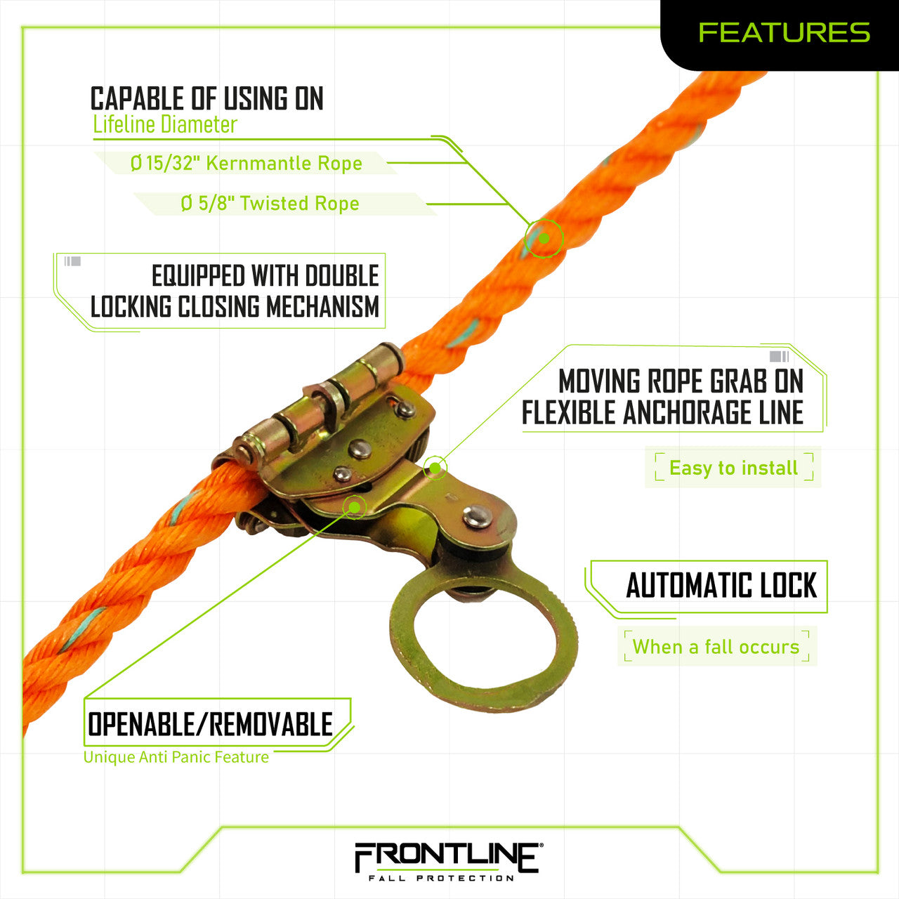 Pinza de cuerda con seguimiento automático RGSS58 de Frontline para cuerda salvavidas de 5/8"