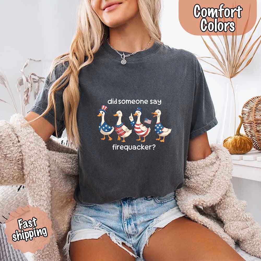 Firequacker Goose Comfort Colors Tee – Funny 4th of July Shirt, Vintage USA Patriotic T-Shirt