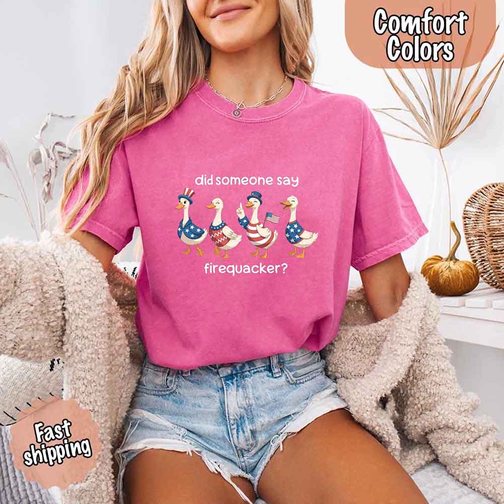 Firequacker Goose Comfort Colors Tee – Funny 4th of July Shirt, Vintage USA Patriotic T-Shirt
