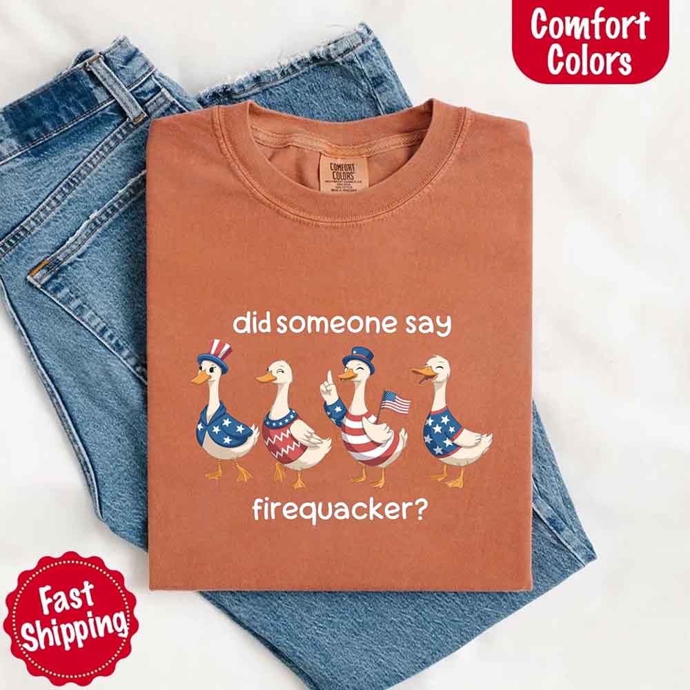 Firequacker Goose Comfort Colors Tee – Funny 4th of July Shirt, Vintage USA Patriotic T-Shirt