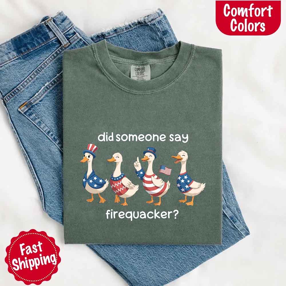 Firequacker Goose Comfort Colors Tee – Funny 4th of July Shirt, Vintage USA Patriotic T-Shirt