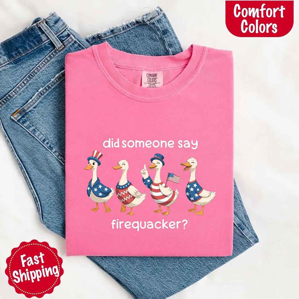 Firequacker Goose Comfort Colors Tee – Funny 4th of July Shirt, Vintage USA Patriotic T-Shirt
