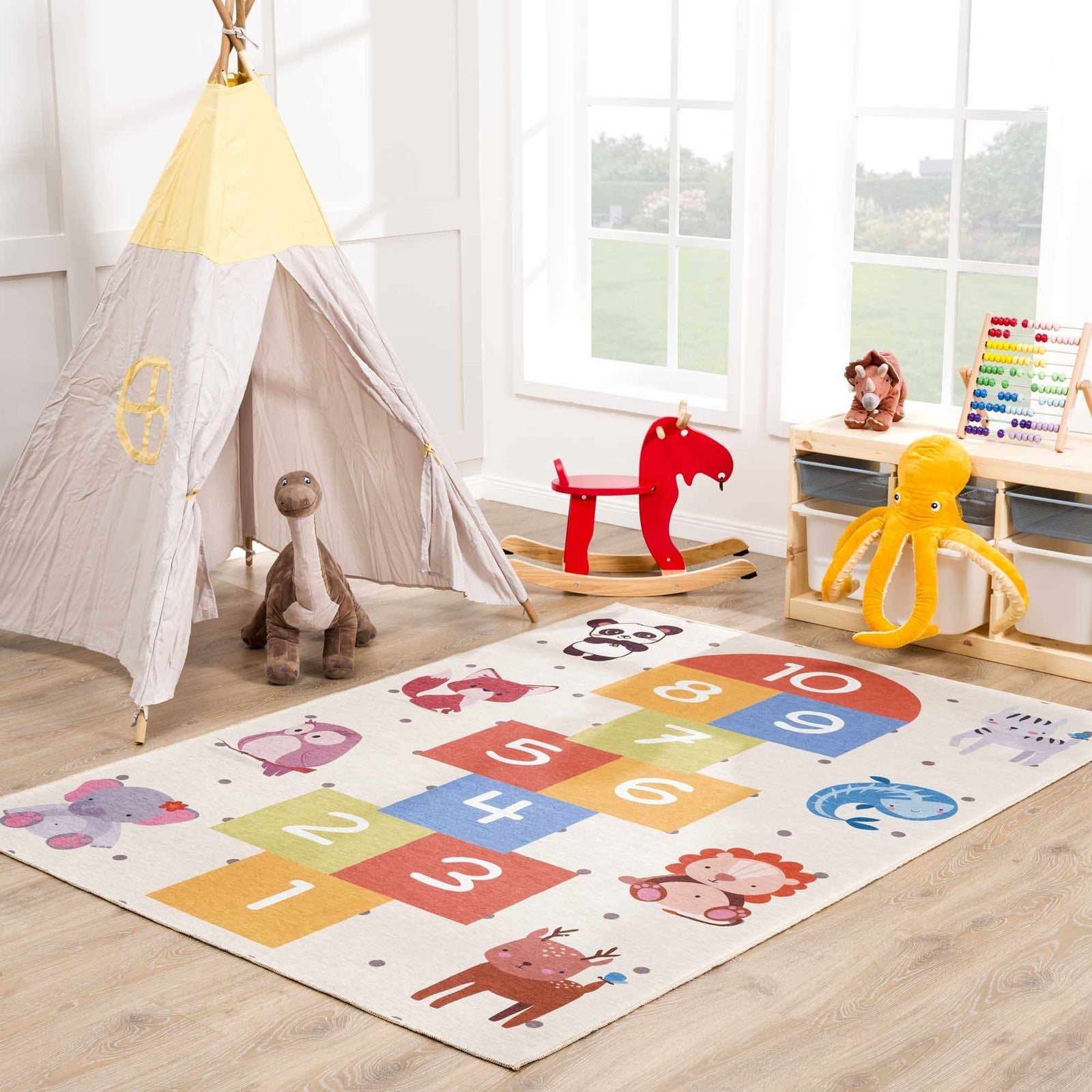 Alfombra lavable para niños con diseño de rayuela de colores de Lundy