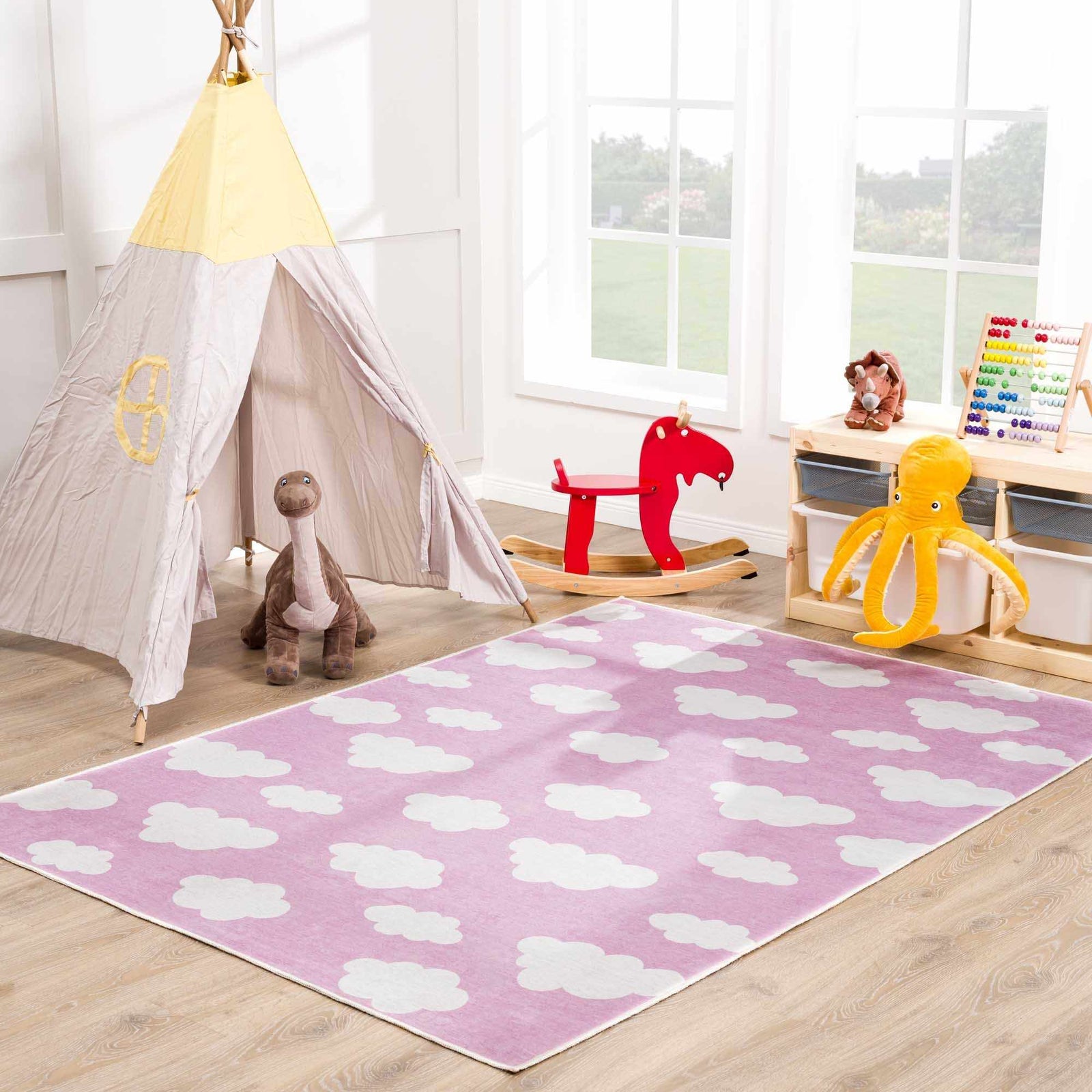 Alfombra lavable para niños con diseño de nubes rosas de Nizar