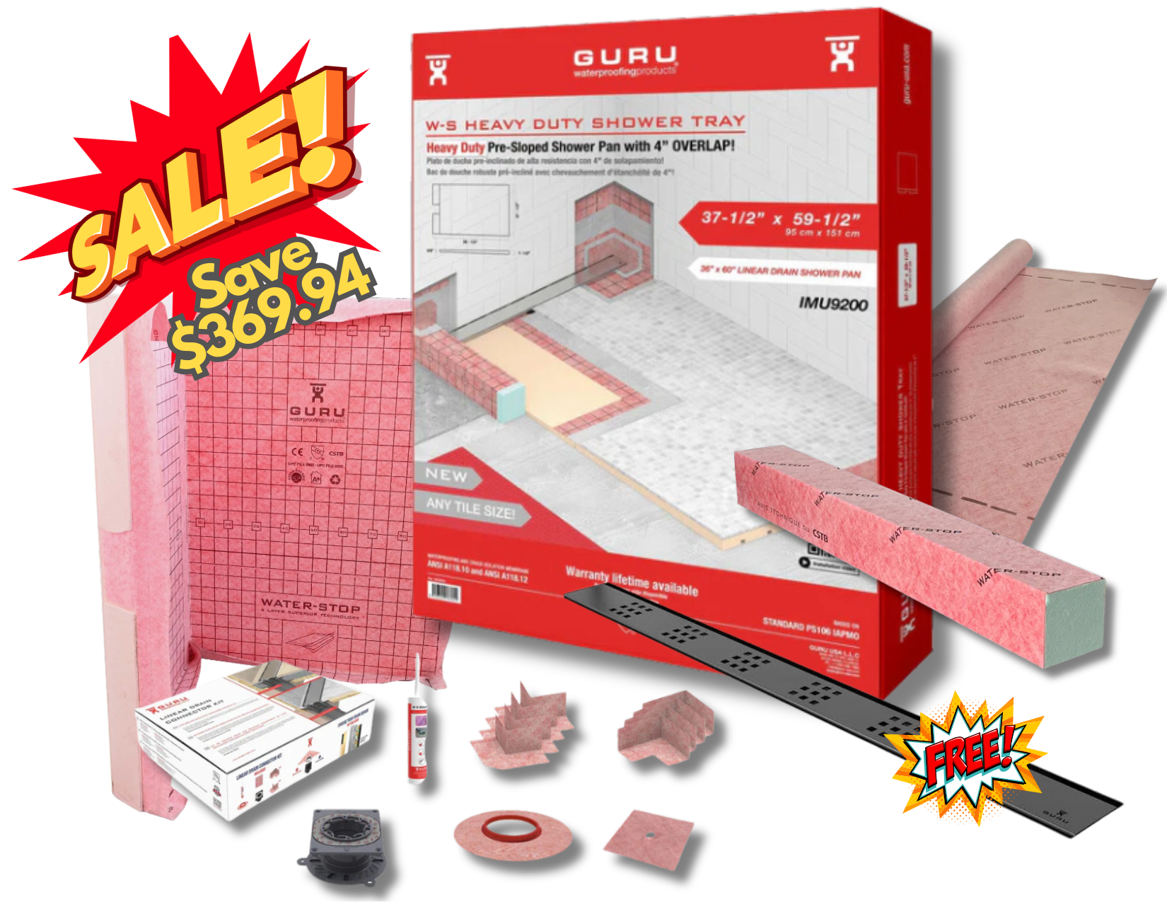 GURU Shower Linear Drain Superkit 36"x60" PVC with free Drain