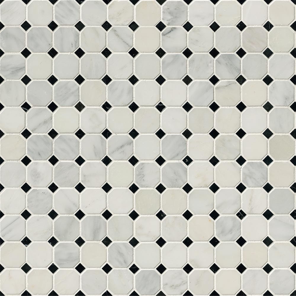 Mosaico de mármol pulido blanco griego de 30 x 30 cm, montado en malla, 5 cm, octogonal - Colección MSI