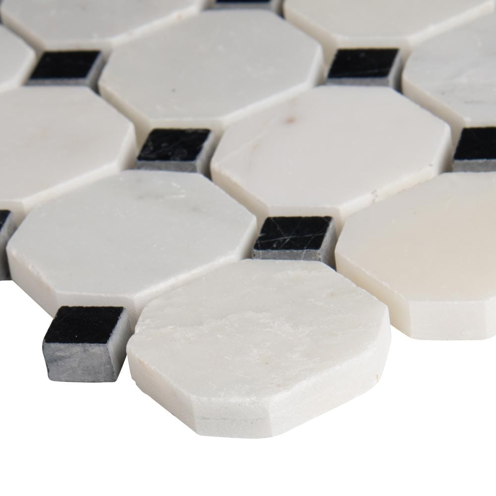 Mosaico de mármol pulido blanco griego de 30 x 30 cm, montado en malla, 5 cm, octogonal - Colección MSI