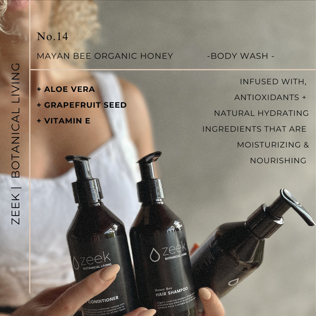 ZEEK MAYAN BEE ORGANIC HONEY SET: SHAMPOO, CONDITIONER, & BODY WASH  / 8 OZ BOTTLES