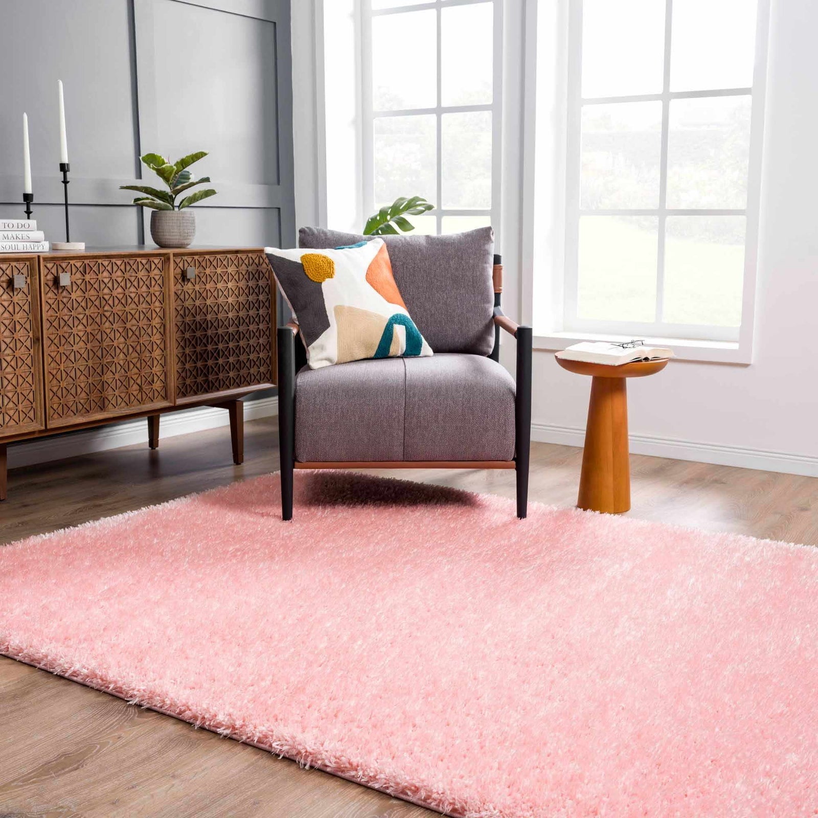 Alfombra peluda lavable Faina de color rosa sólido