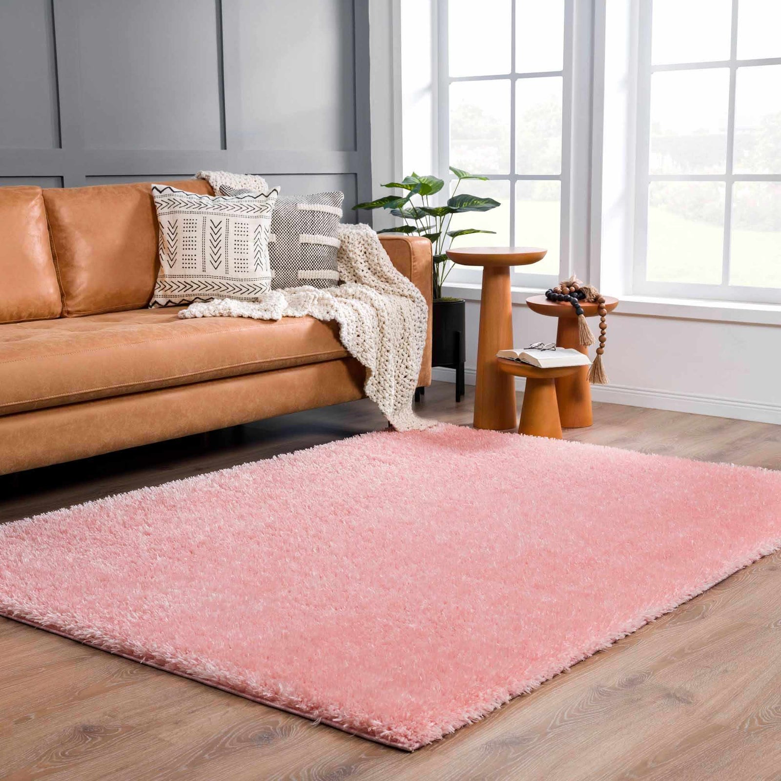 Alfombra peluda lavable Faina de color rosa sólido