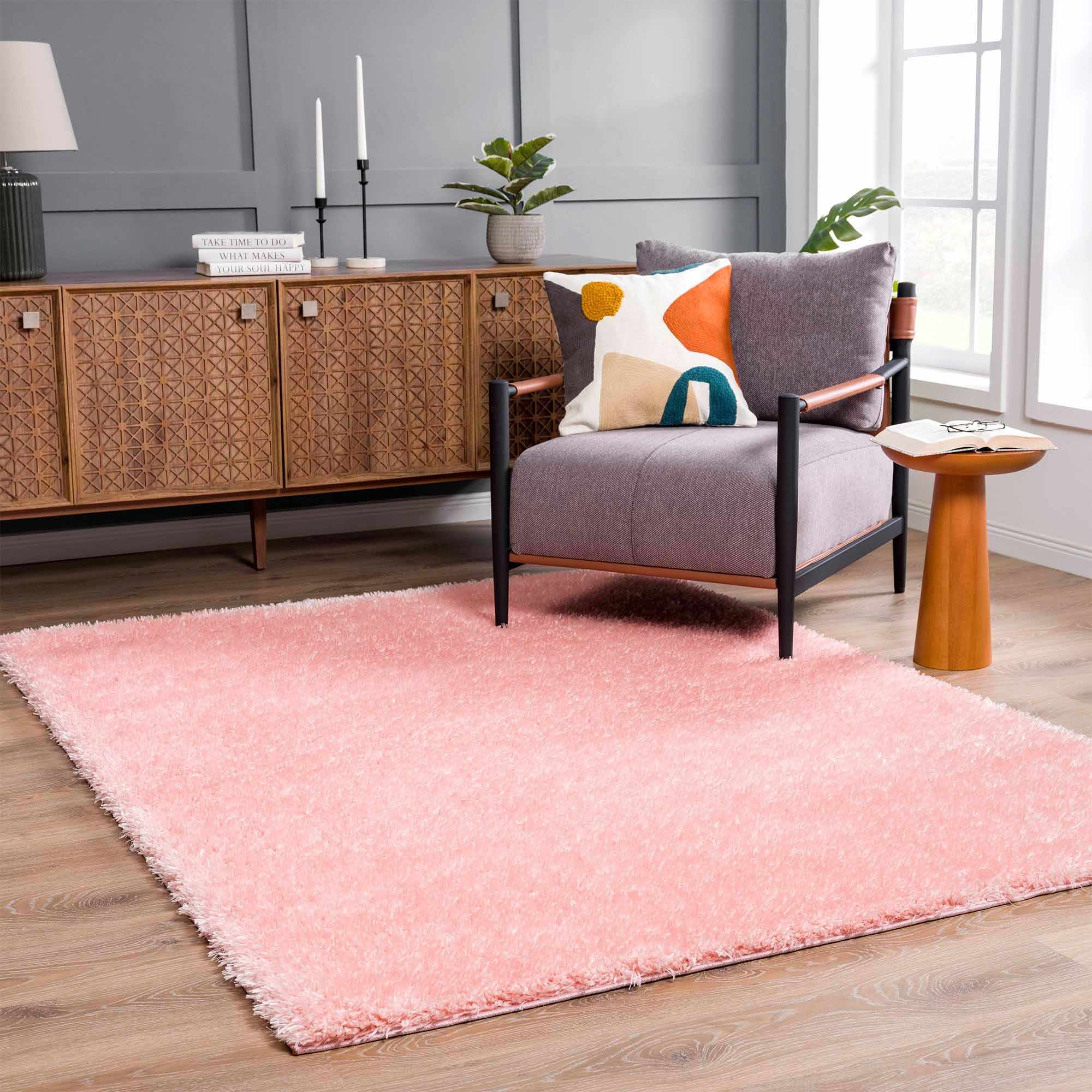 Alfombra peluda lavable Faina de color rosa sólido