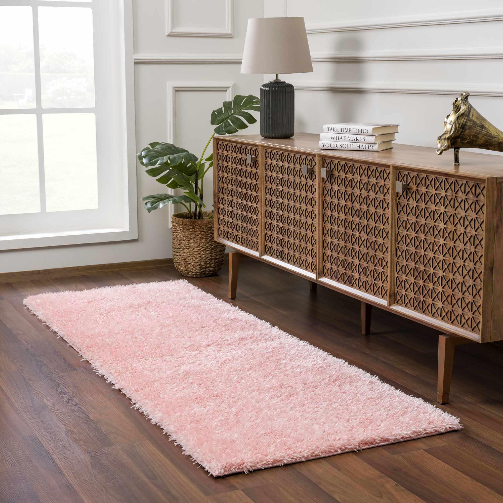 Alfombra peluda lavable Faina de color rosa sólido