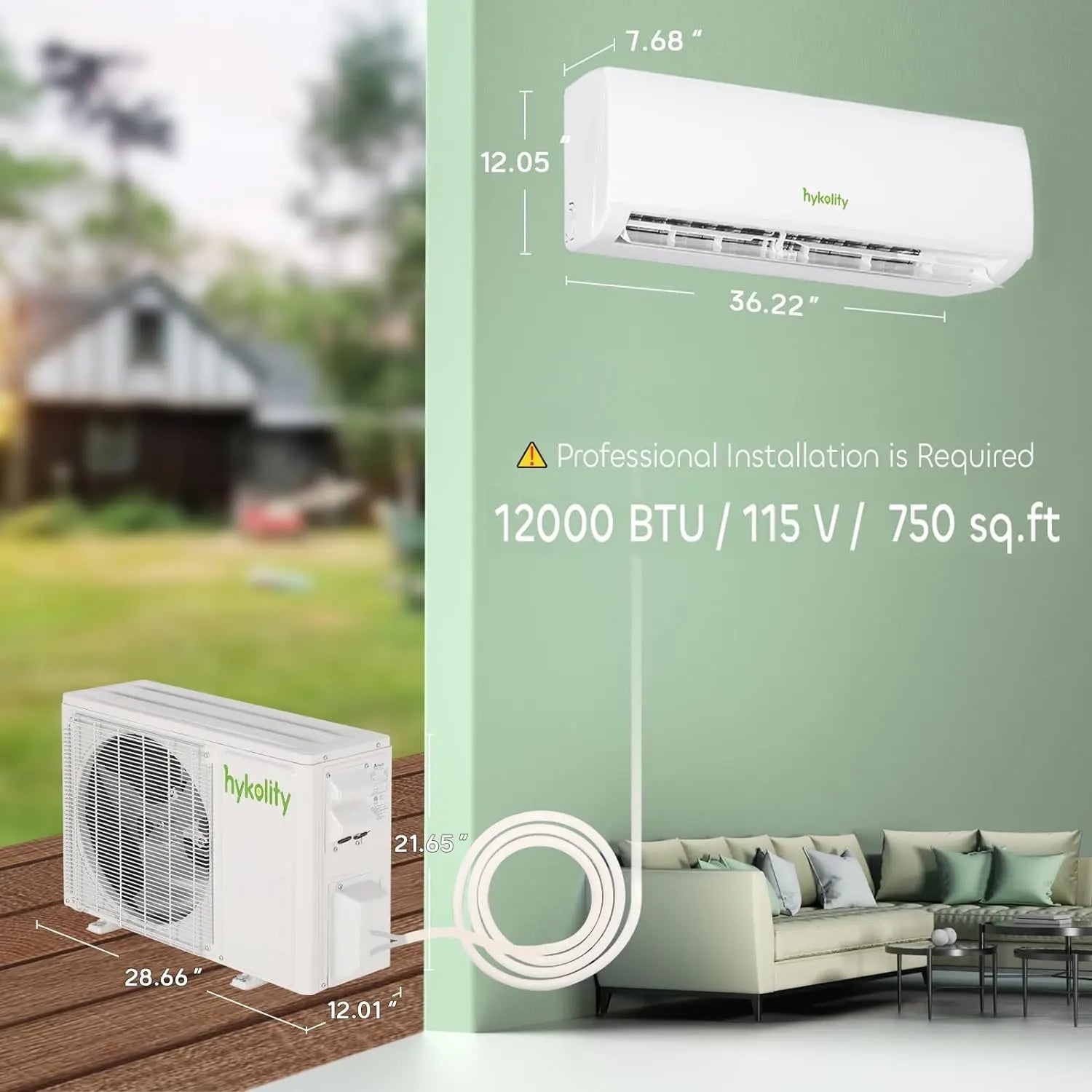 Wifi Enabled 12,000 BTU Mini Split Air Conditioner & Heater, 19 SEER2 115V Split AC Unit Ductless Inverter System with Heat Pump, Installation Kits - Cools Rooms up to 750 Sq.Ft