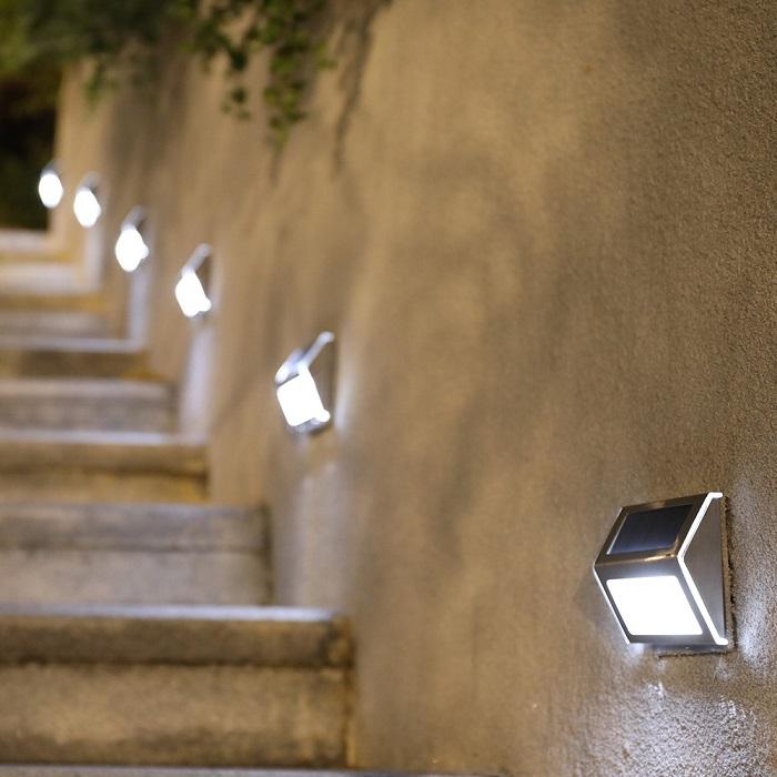 Luces LED solares para escalones de acero inoxidable | Encendido y apagado automático desde el anochecer hasta el amanecer | (Modelo 2024) 