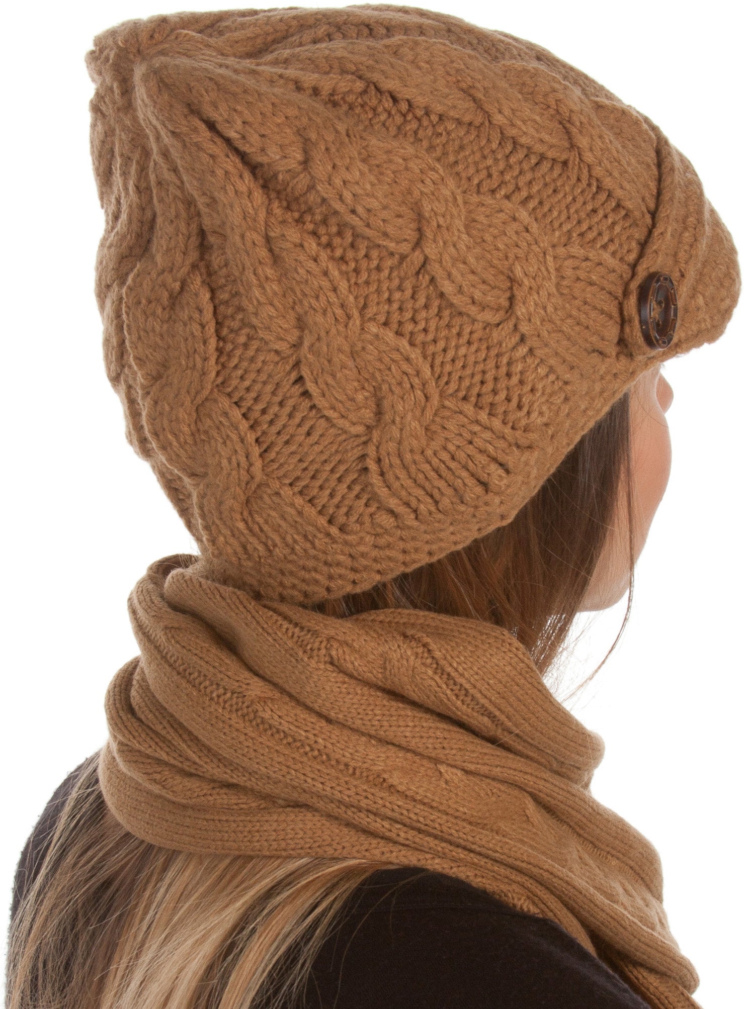 Conjunto de gorro, bufanda y visera de punto con cable y botón para mujer de Sakkas (2 piezas)